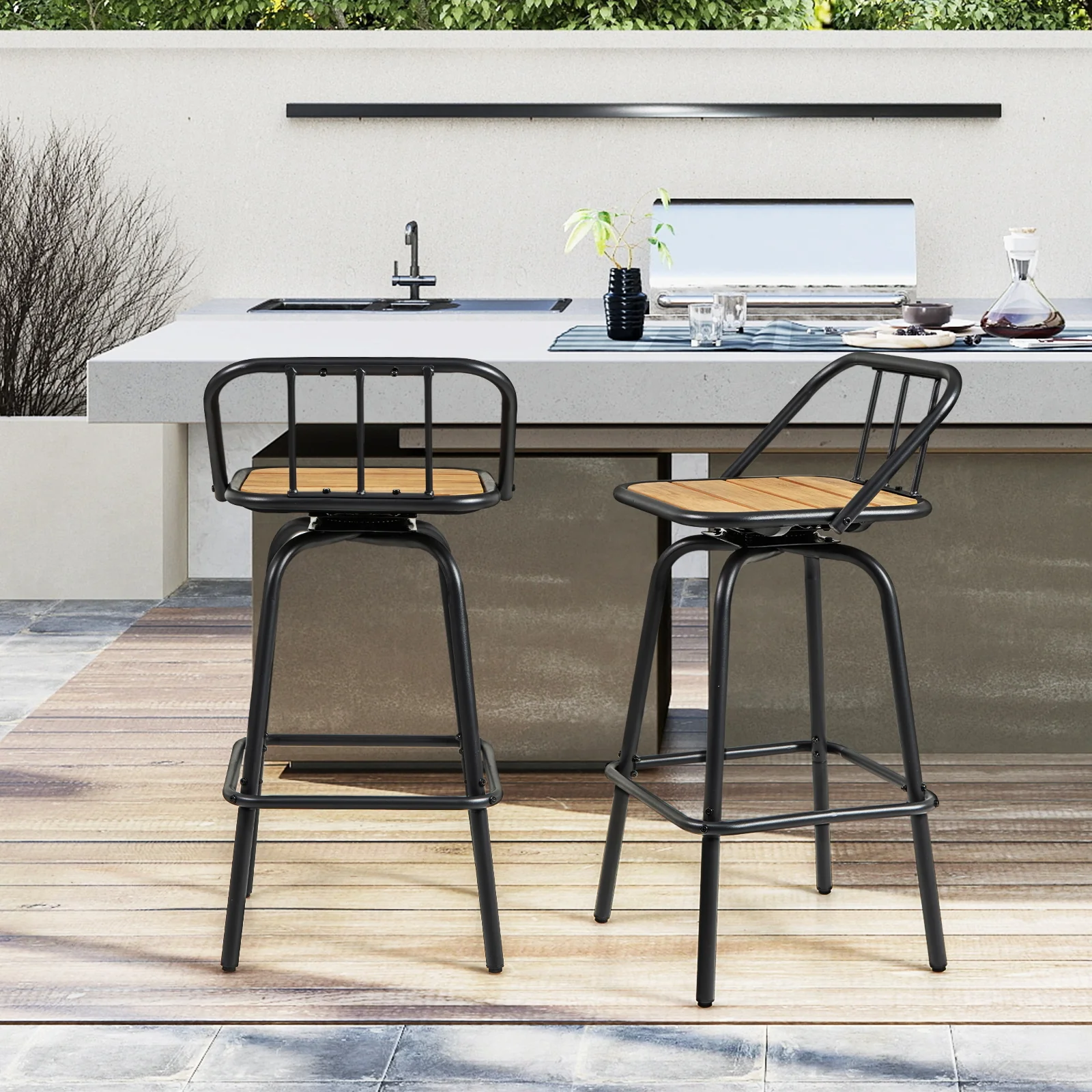 360° Swivel Bar Stool Set Of 2, Footrest, Backrest, Natural, Black - Image 2