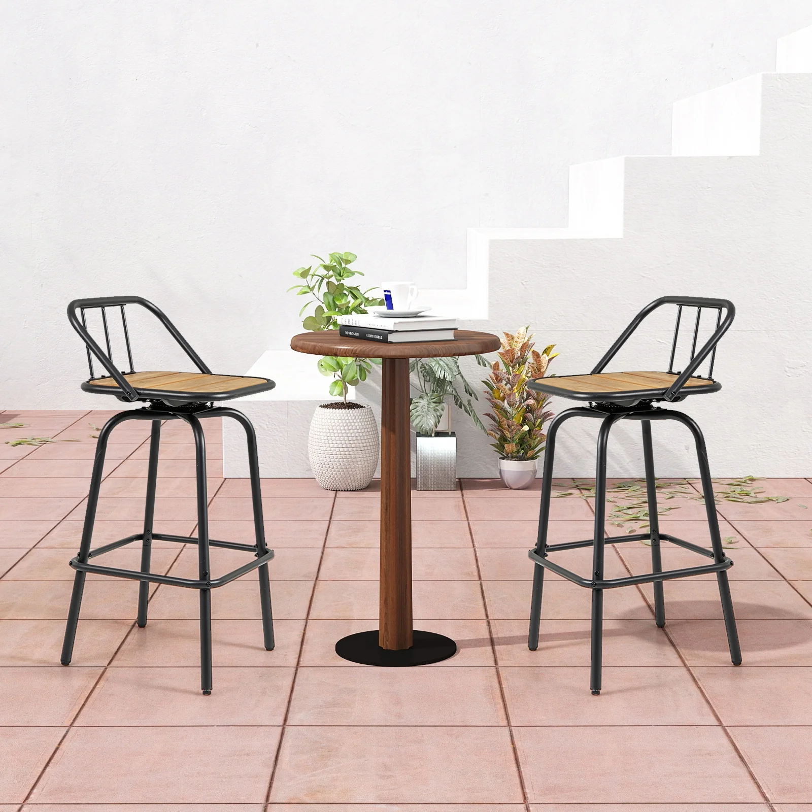 360° Swivel Bar Stool Set Of 2, Footrest, Backrest, Natural, Black - Image 3