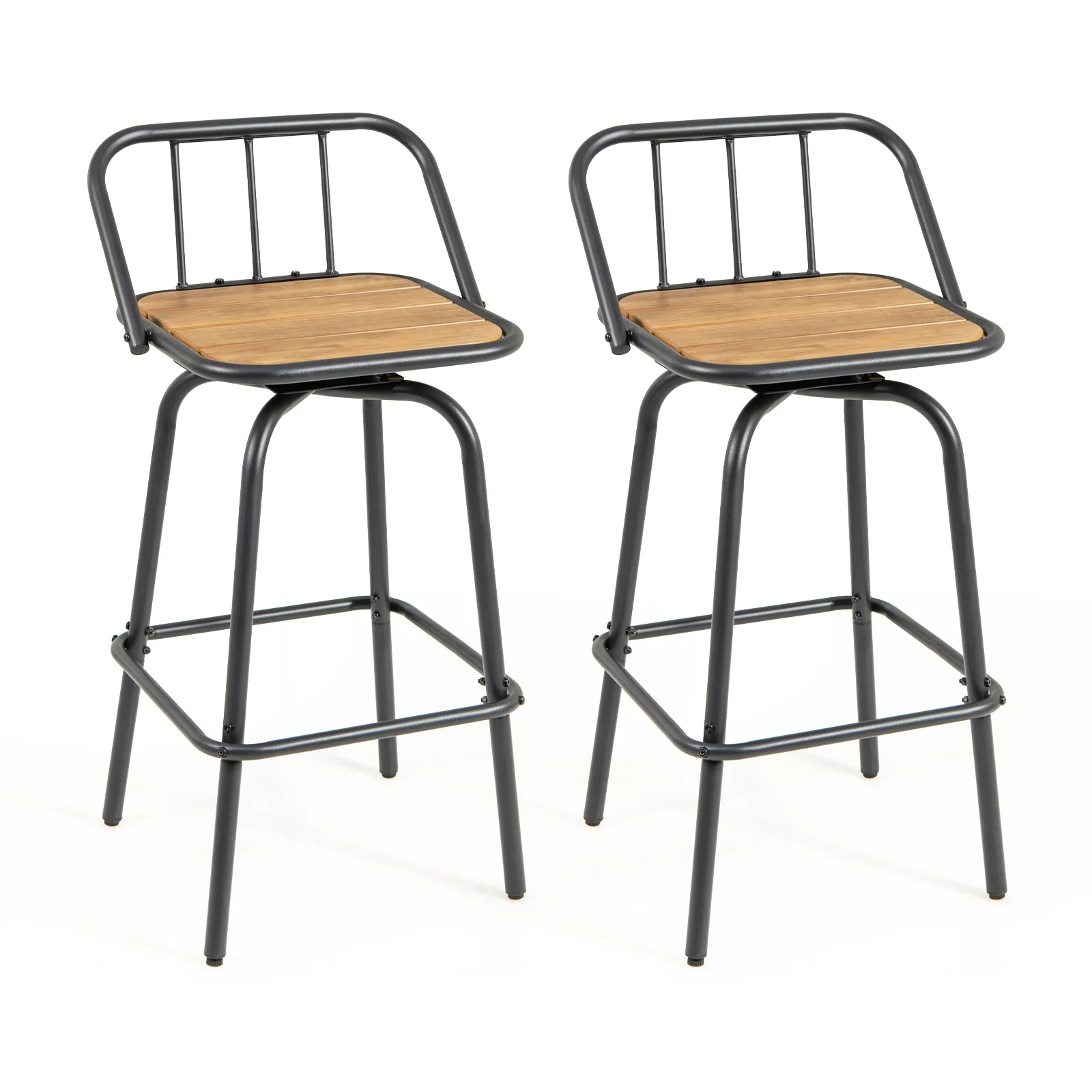 360° Swivel Bar Stool Set Of 2, Footrest, Backrest, Natural, Black - Image 4