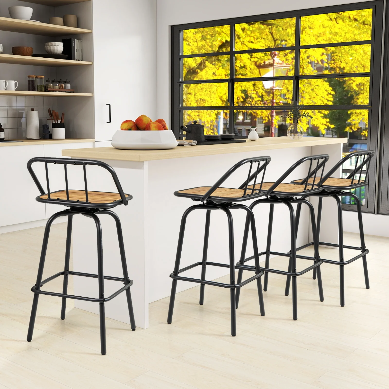 360° Swivel Bar Stool Set Of 2, Footrest, Backrest, Natural, Black - Image 6