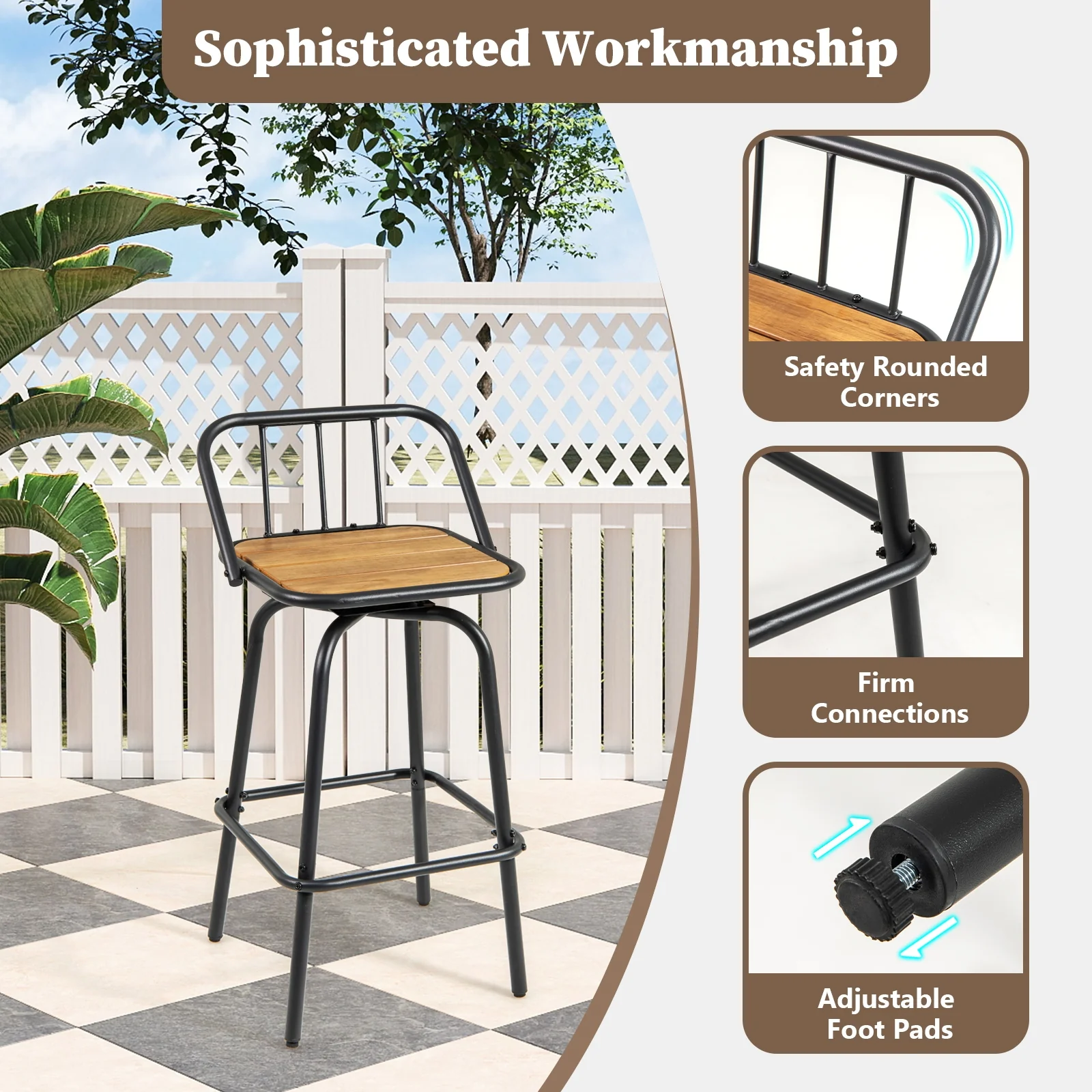 360° Swivel Bar Stool Set Of 2, Footrest, Backrest, Natural, Black - Image 7