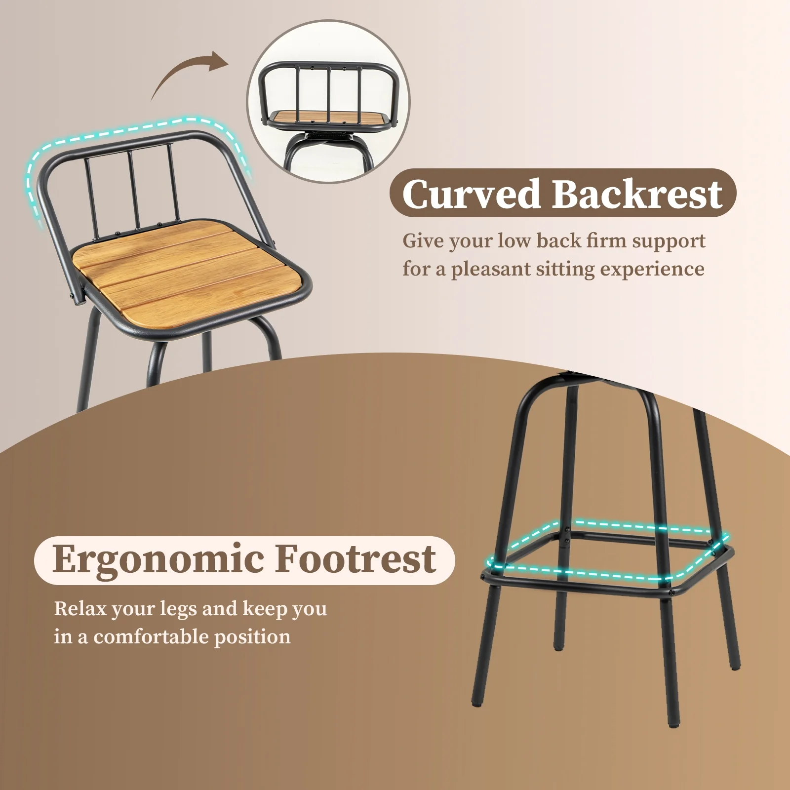 360° Swivel Bar Stool Set Of 2, Footrest, Backrest, Natural, Black - Image 9