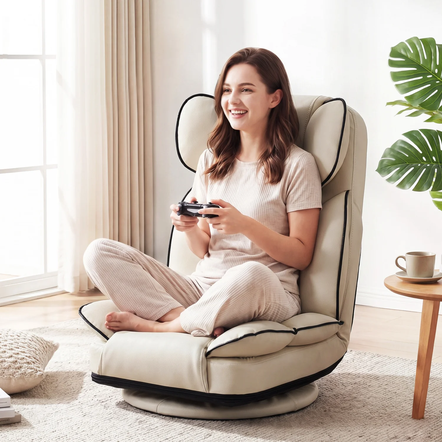 360 Swivel Floor Gaming Chair, 6-Position Backrest, Beige - Image 2