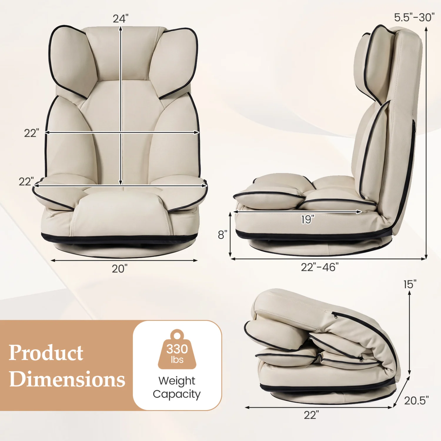 360 Swivel Floor Gaming Chair, 6-Position Backrest, Beige - Image 5