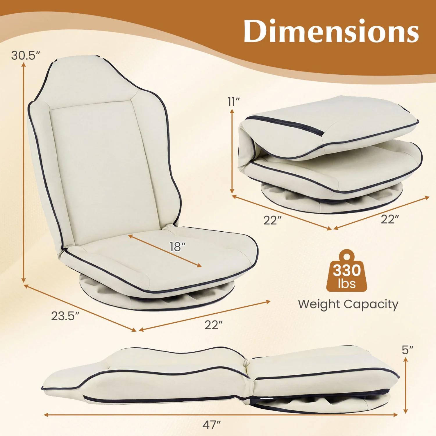 360° Swivel Floor Gaming Chair with 5-Level Adjustable Backrest, Beige - Image 5