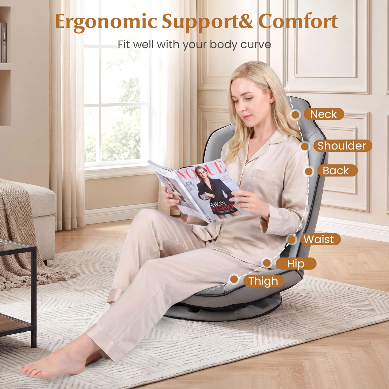 360° Swivel Floor Gaming Chair with 5-Level Adjustable Backrest, Gray - Image 9