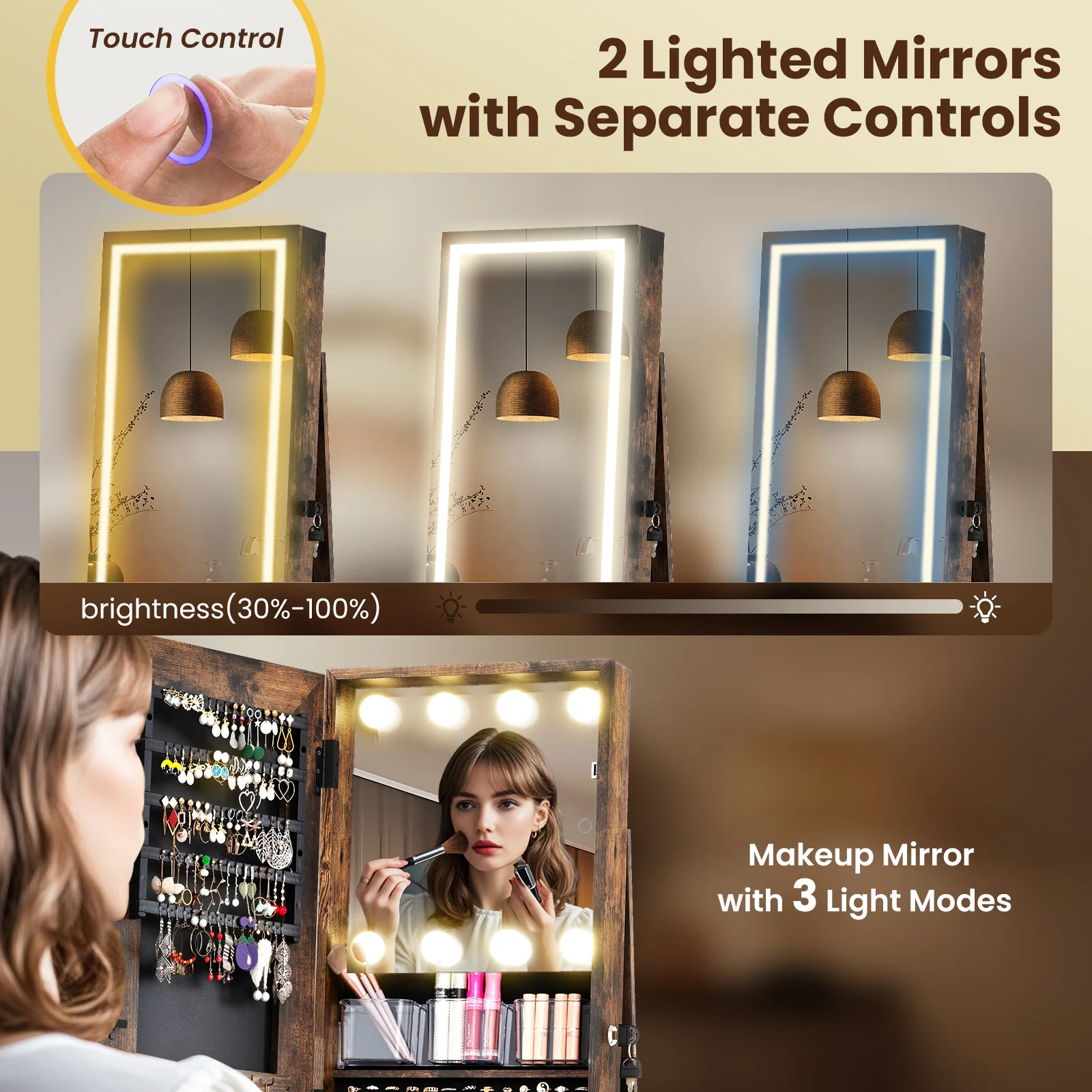 360° Swivel Freestanding Jewelry Cabinet, Lighted Full Length Mirror, Rustic Brown - Image 10