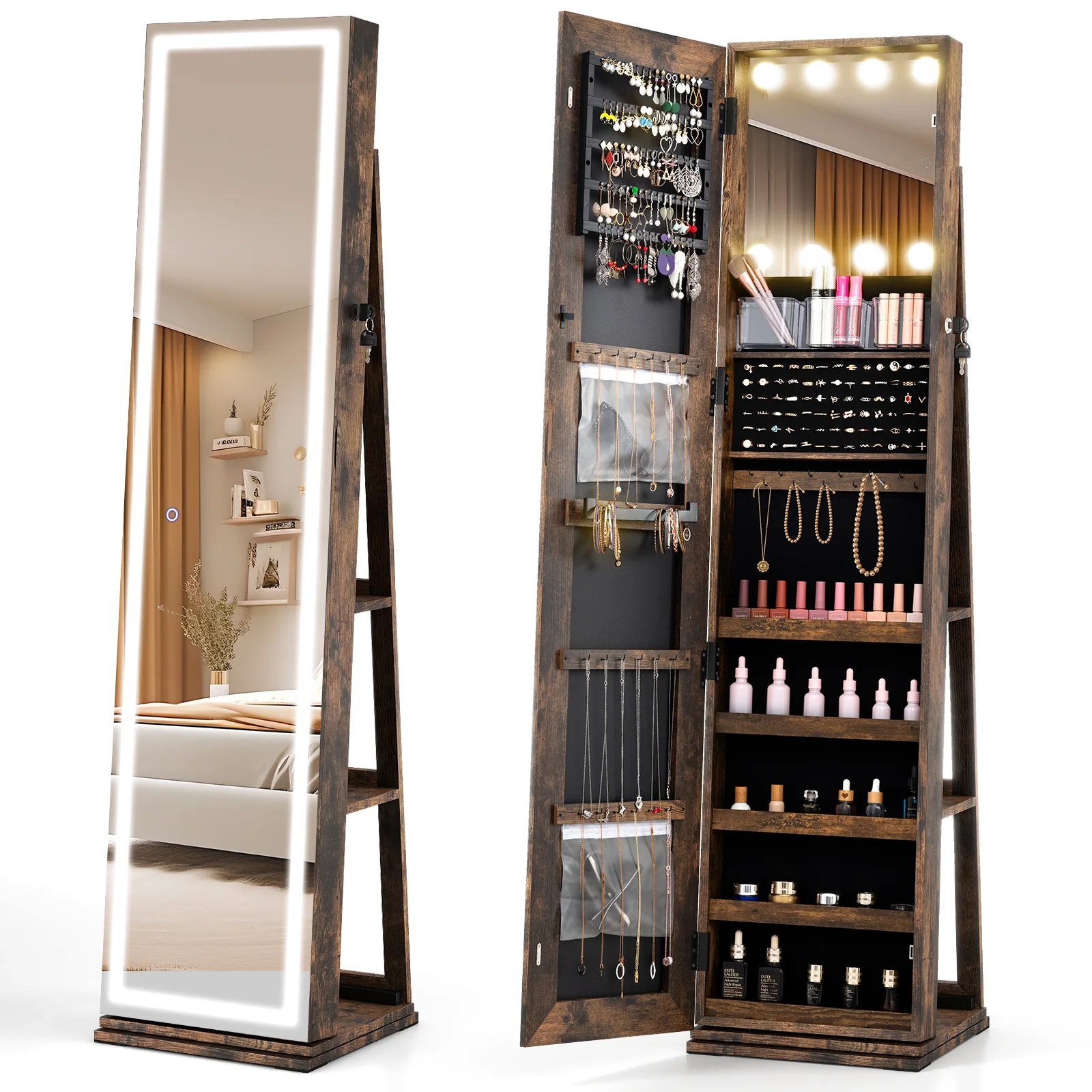 360° Swivel Freestanding Jewelry Cabinet, Lighted Full Length Mirror, Rustic Brown - Image 5