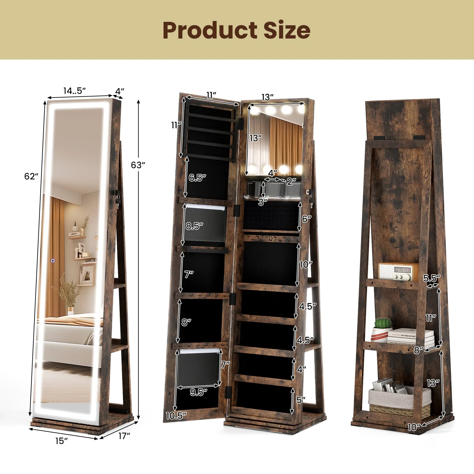 360° Swivel Freestanding Jewelry Cabinet, Lighted Full Length Mirror, Rustic Brown - Image 6