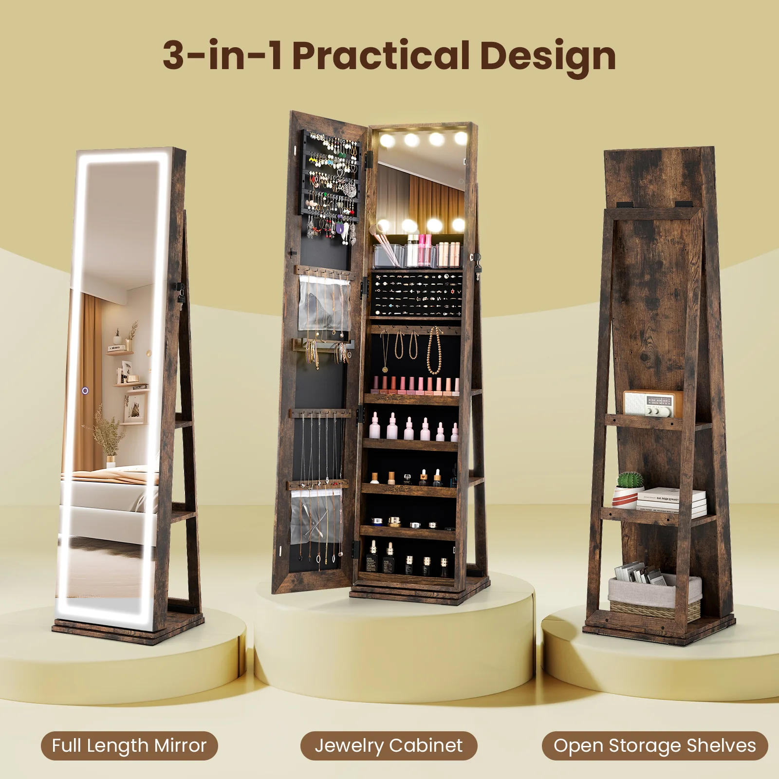 360° Swivel Freestanding Jewelry Cabinet, Lighted Full Length Mirror, Rustic Brown - Image 8