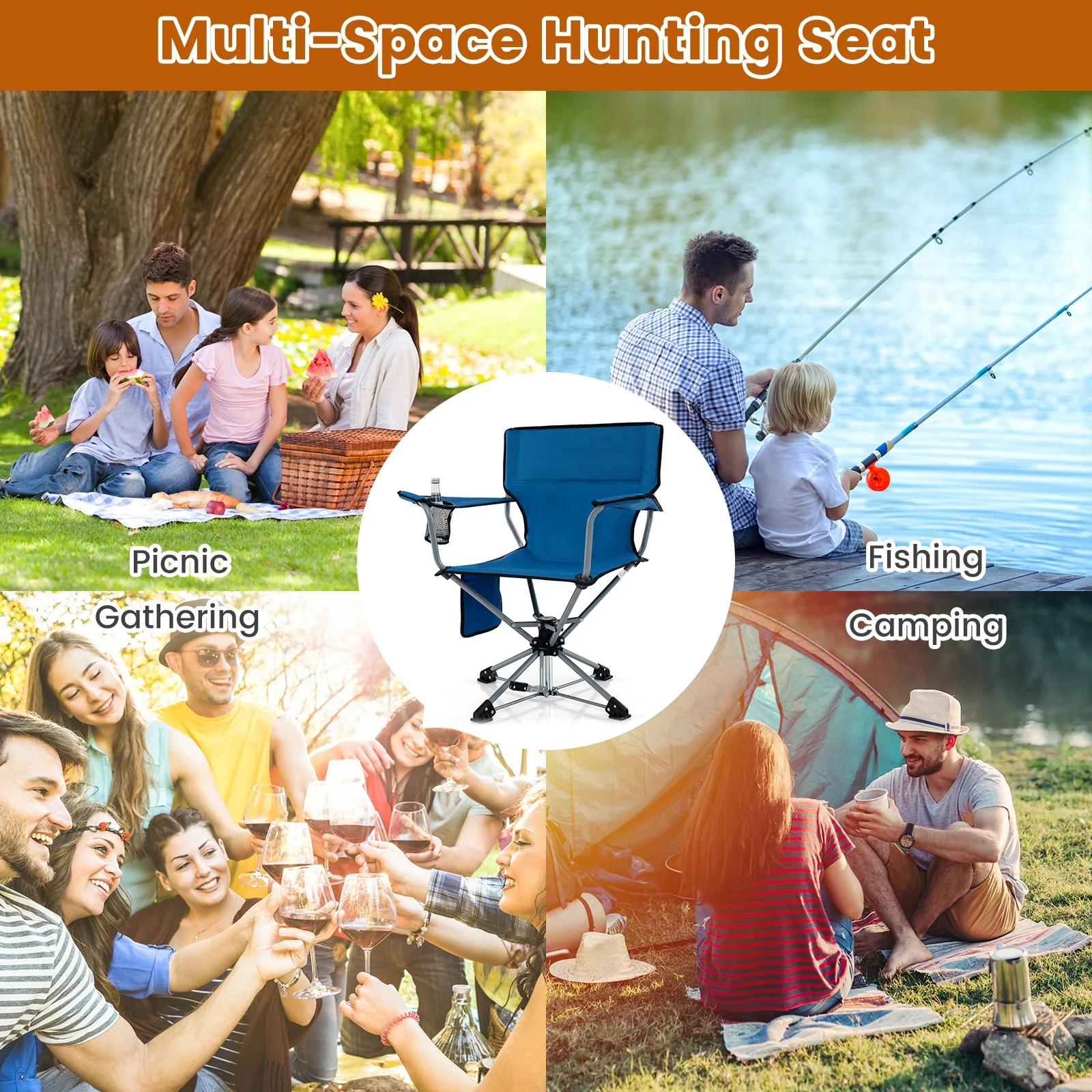 360° Swivel Hunting Chair, Portable Foldable, Mesh Cup Holder, Storage Pockets, Blue - Image 10