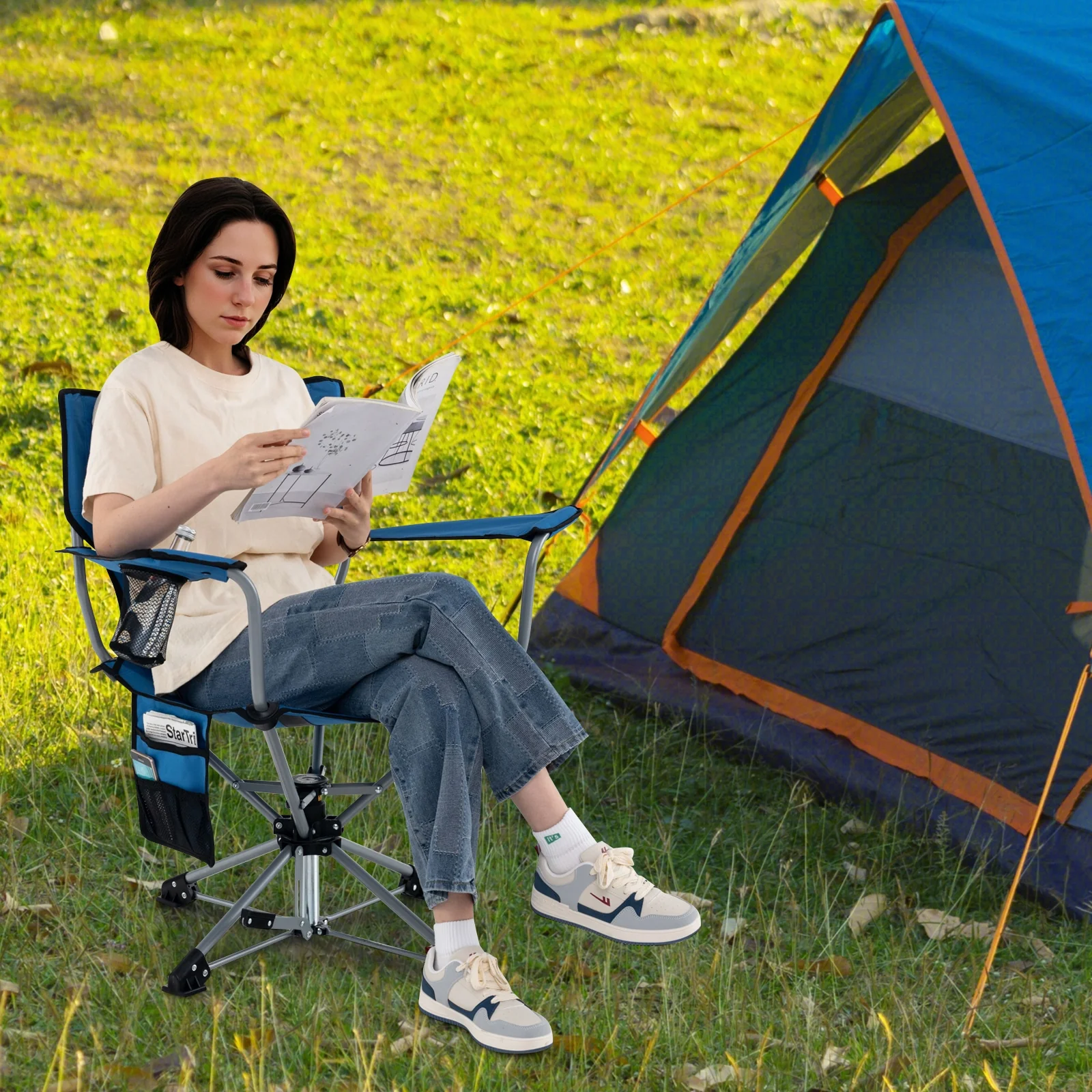 360° Swivel Hunting Chair, Portable Foldable, Mesh Cup Holder, Storage Pockets, Blue - Image 2