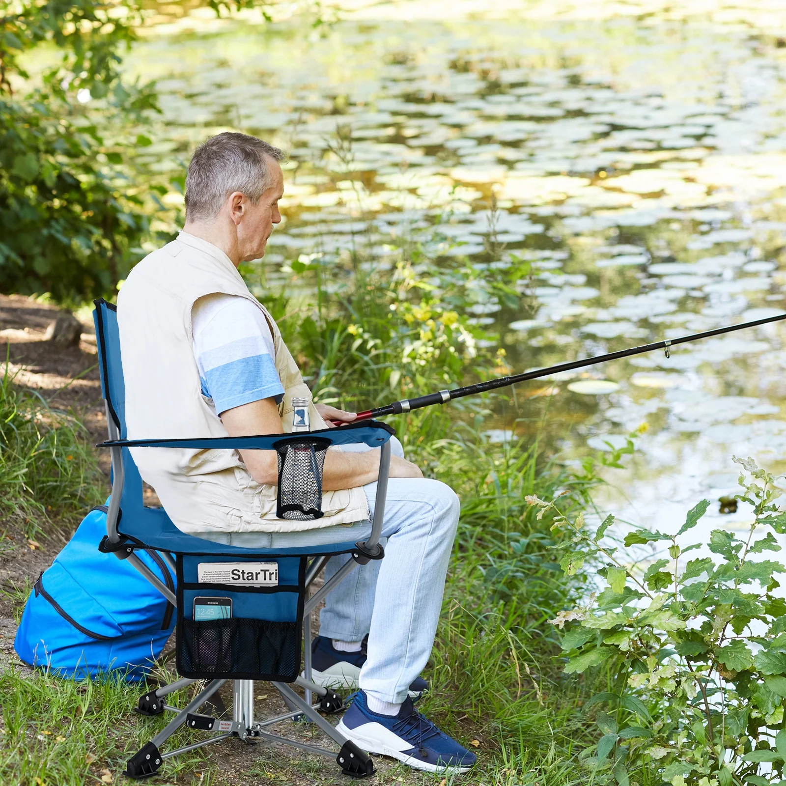 360° Swivel Hunting Chair, Portable Foldable, Mesh Cup Holder, Storage Pockets, Blue - Image 3
