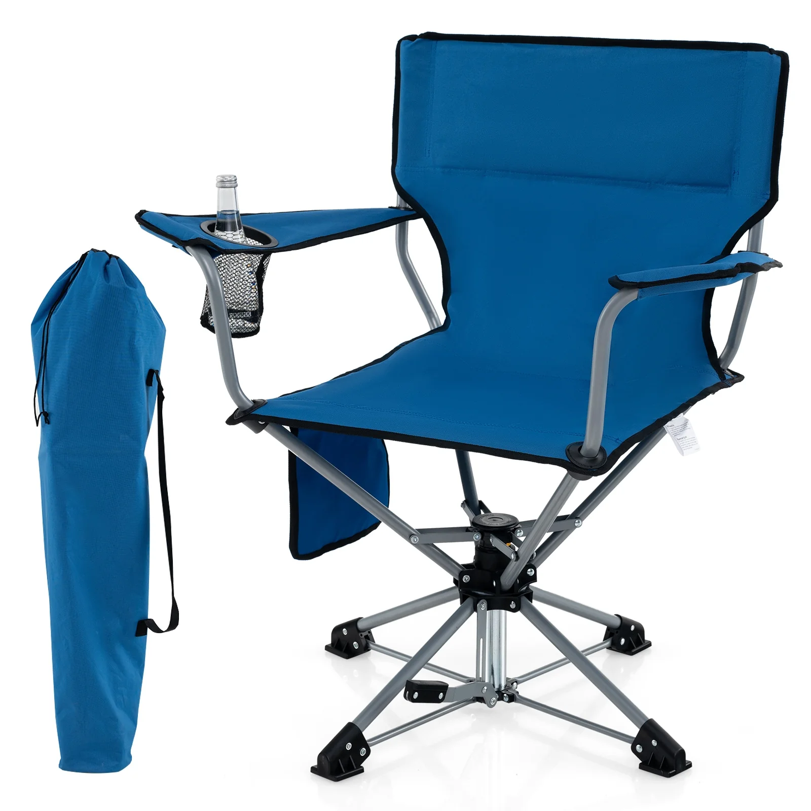 360° Swivel Hunting Chair, Portable Foldable, Mesh Cup Holder, Storage Pockets, Blue - Image 5