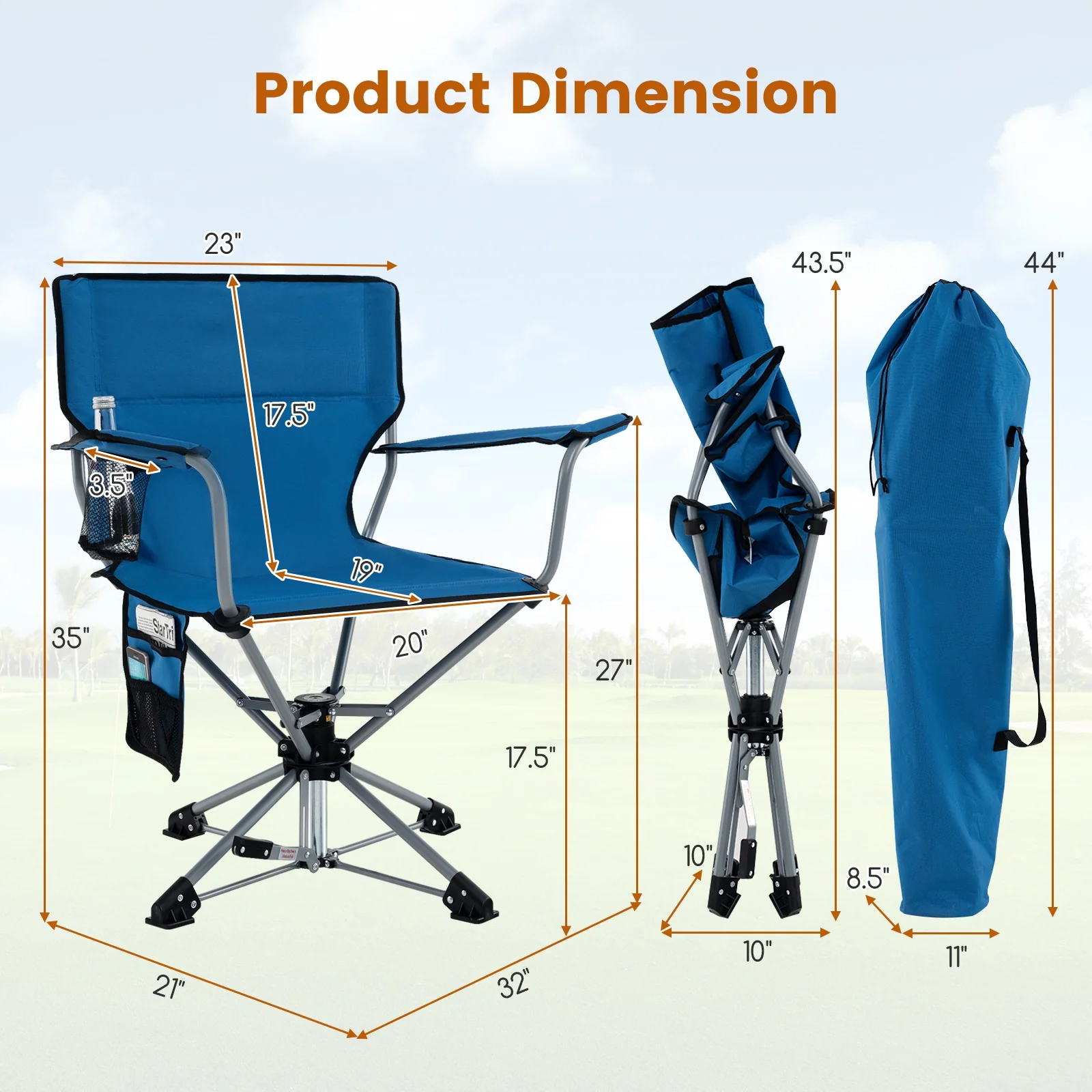 360° Swivel Hunting Chair, Portable Foldable, Mesh Cup Holder, Storage Pockets, Blue - Image 6