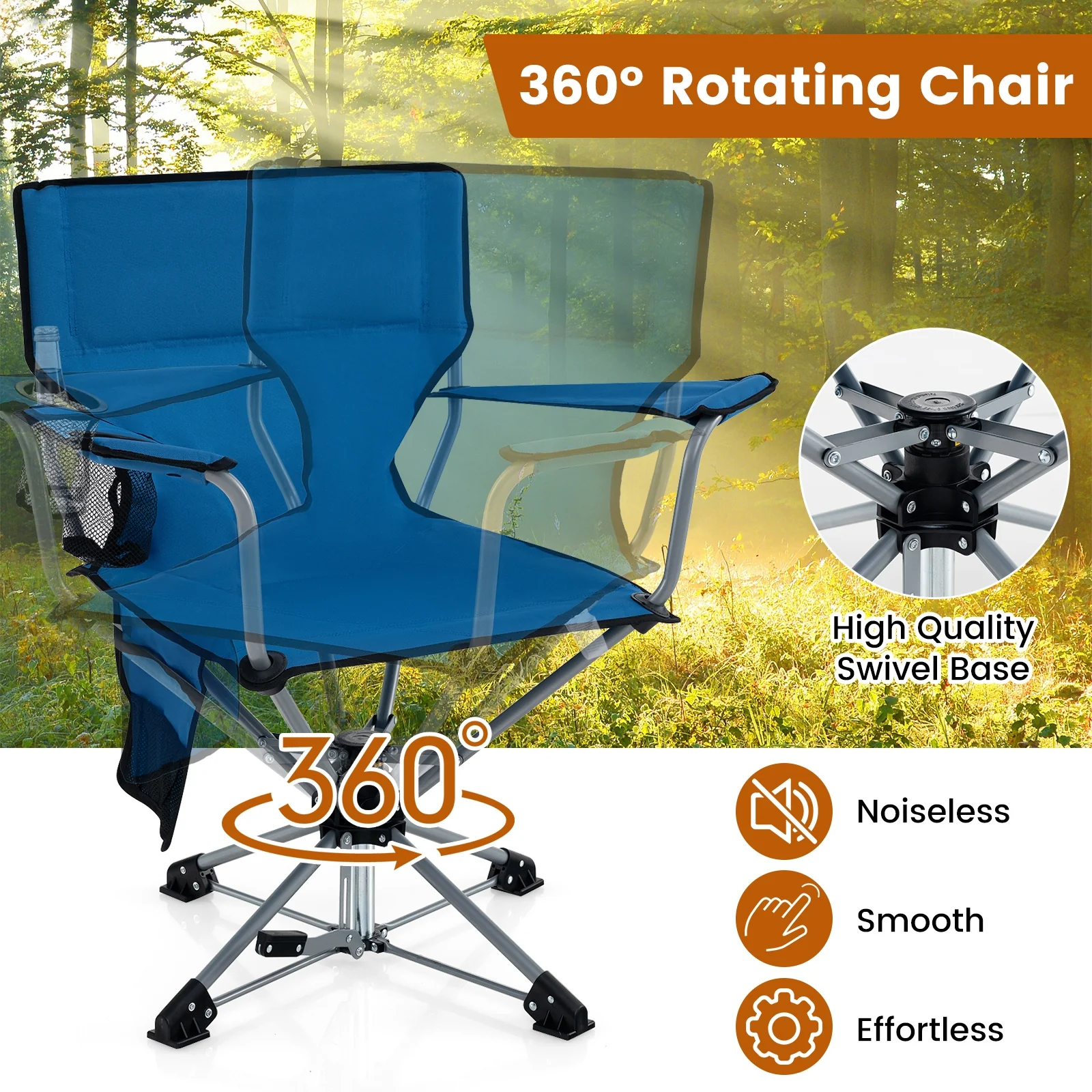 360° Swivel Hunting Chair, Portable Foldable, Mesh Cup Holder, Storage Pockets, Blue - Image 7