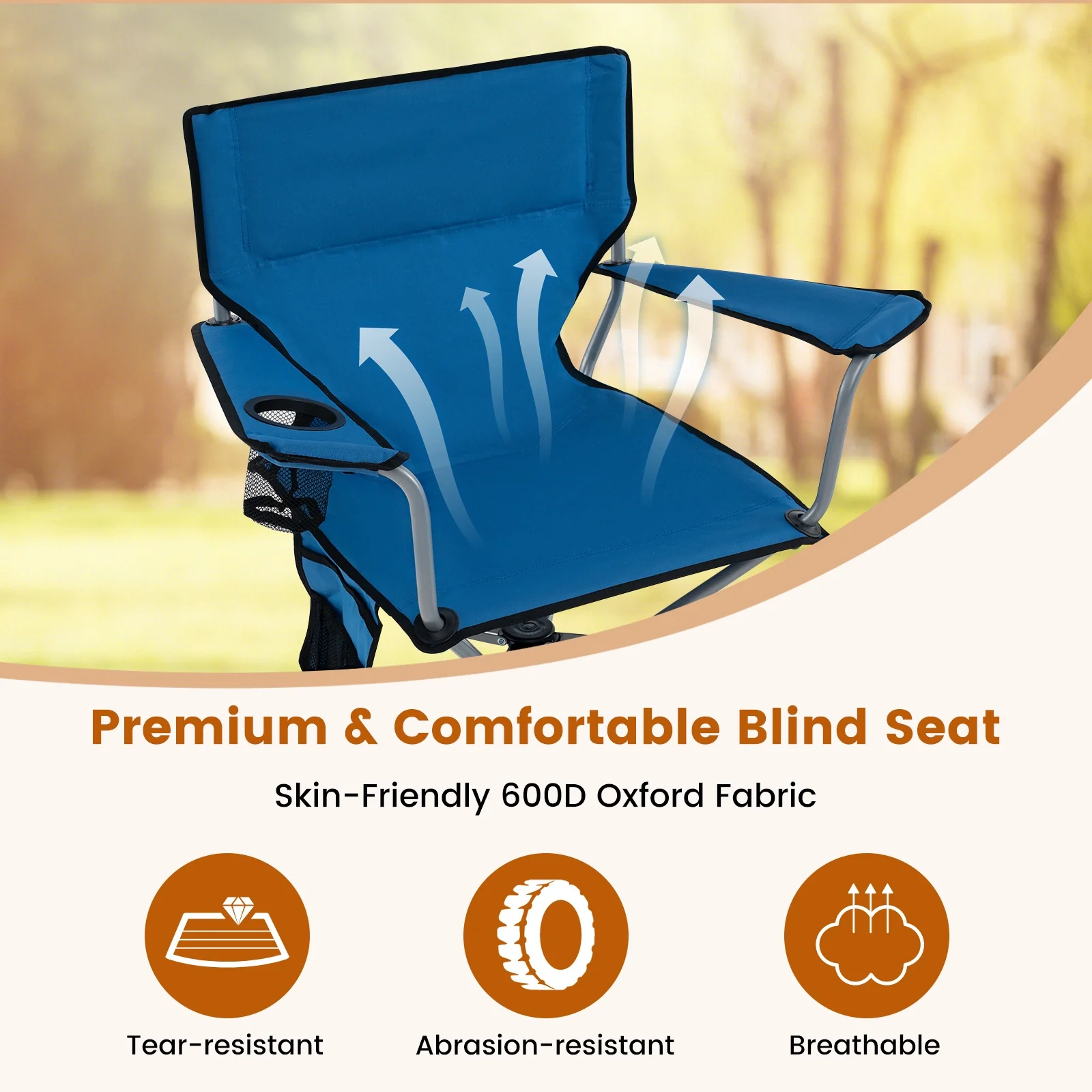 360° Swivel Hunting Chair, Portable Foldable, Mesh Cup Holder, Storage Pockets, Blue - Image 8