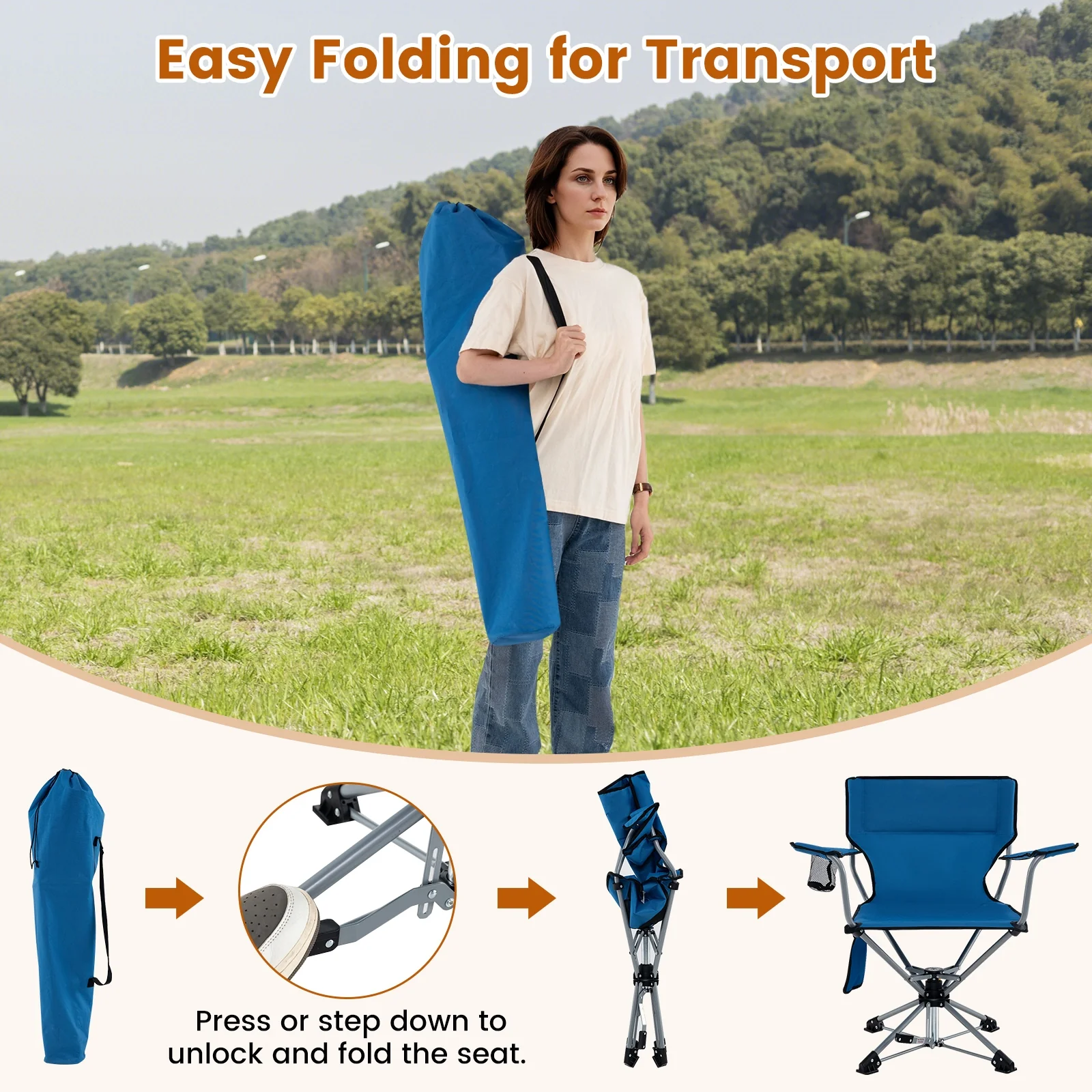 360° Swivel Hunting Chair, Portable Foldable, Mesh Cup Holder, Storage Pockets, Blue - Image 9