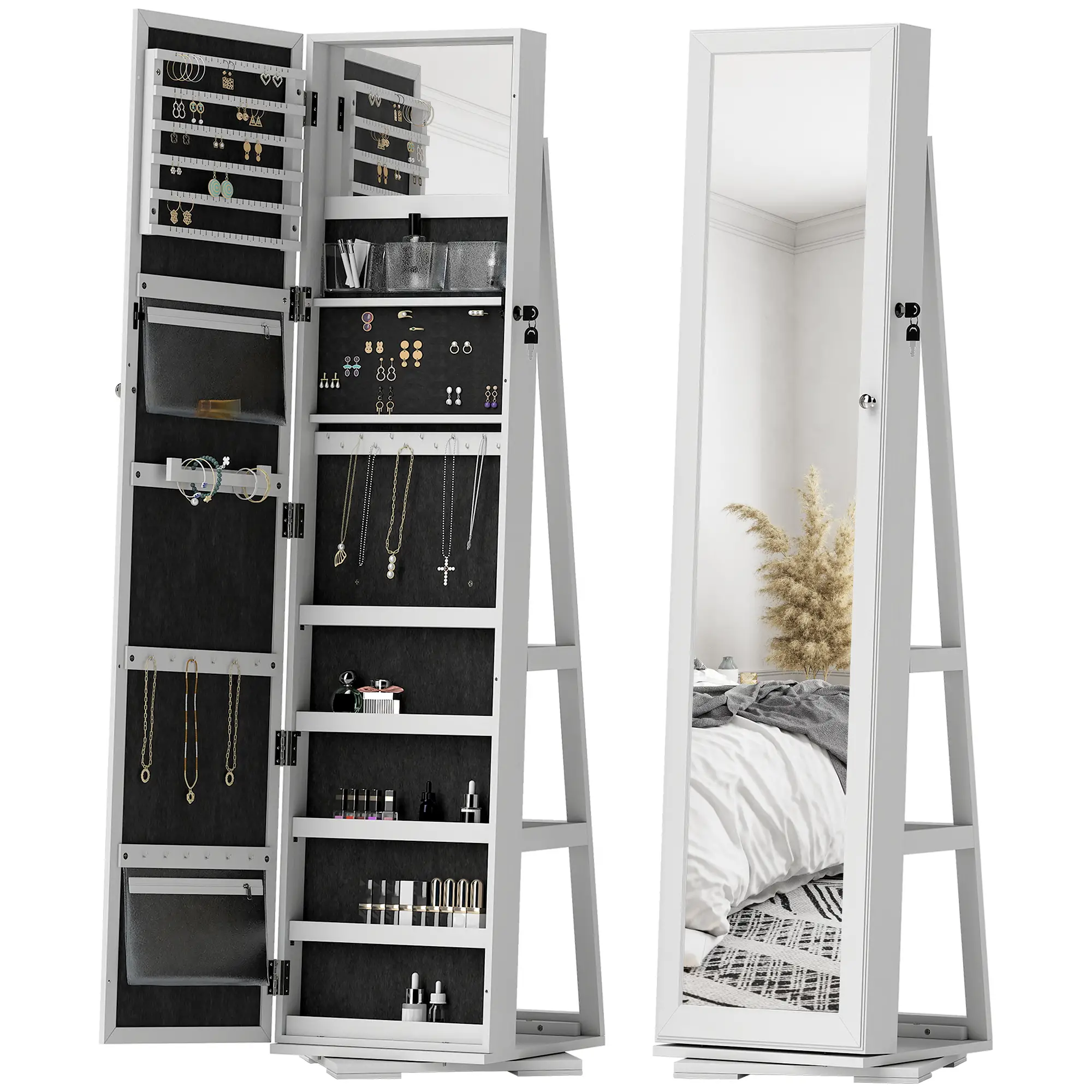 360° Swivel Jewelry Armoire, Lockable Mirror Cabinet, White