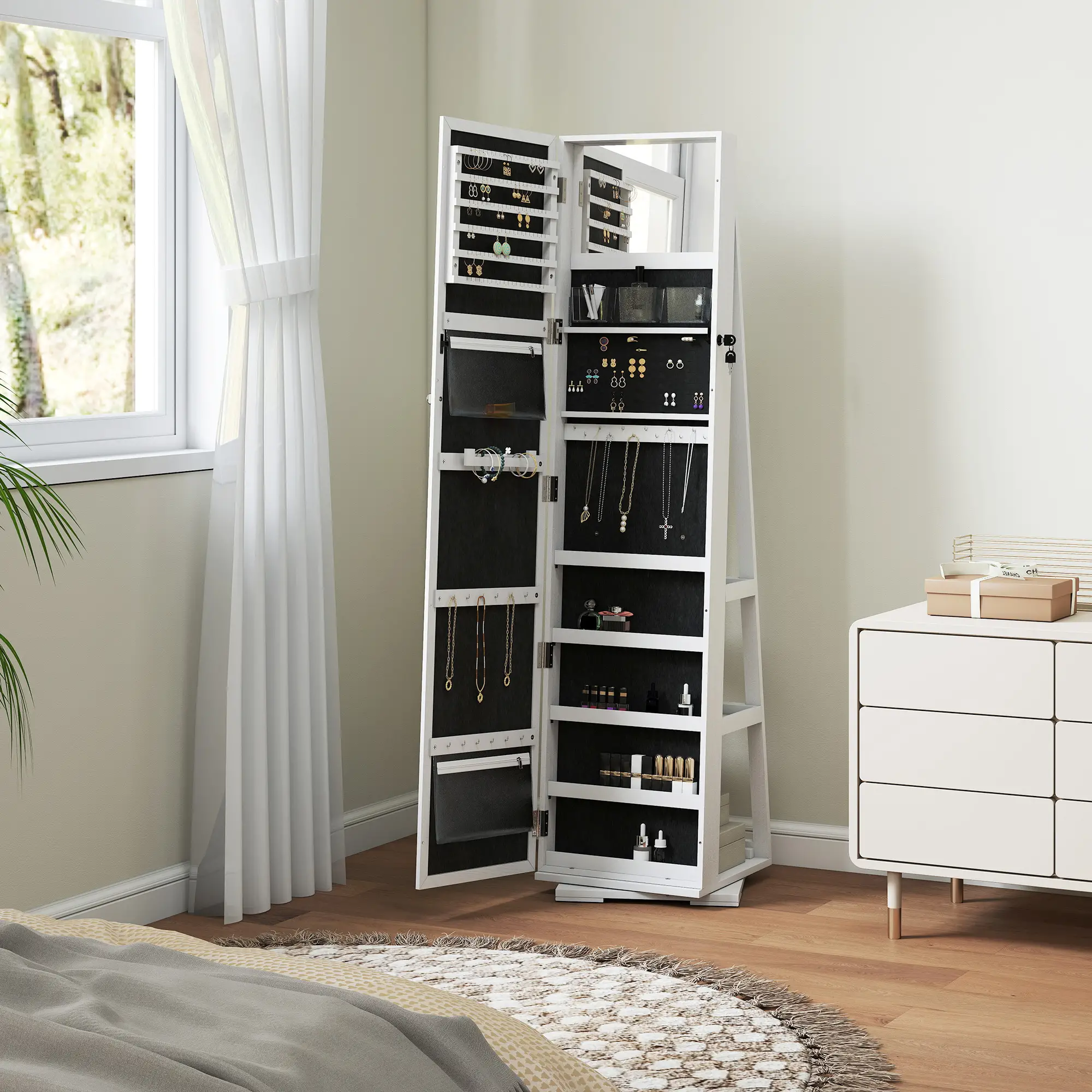 360° Swivel Jewelry Armoire, Lockable Mirror Cabinet, White - Image 10