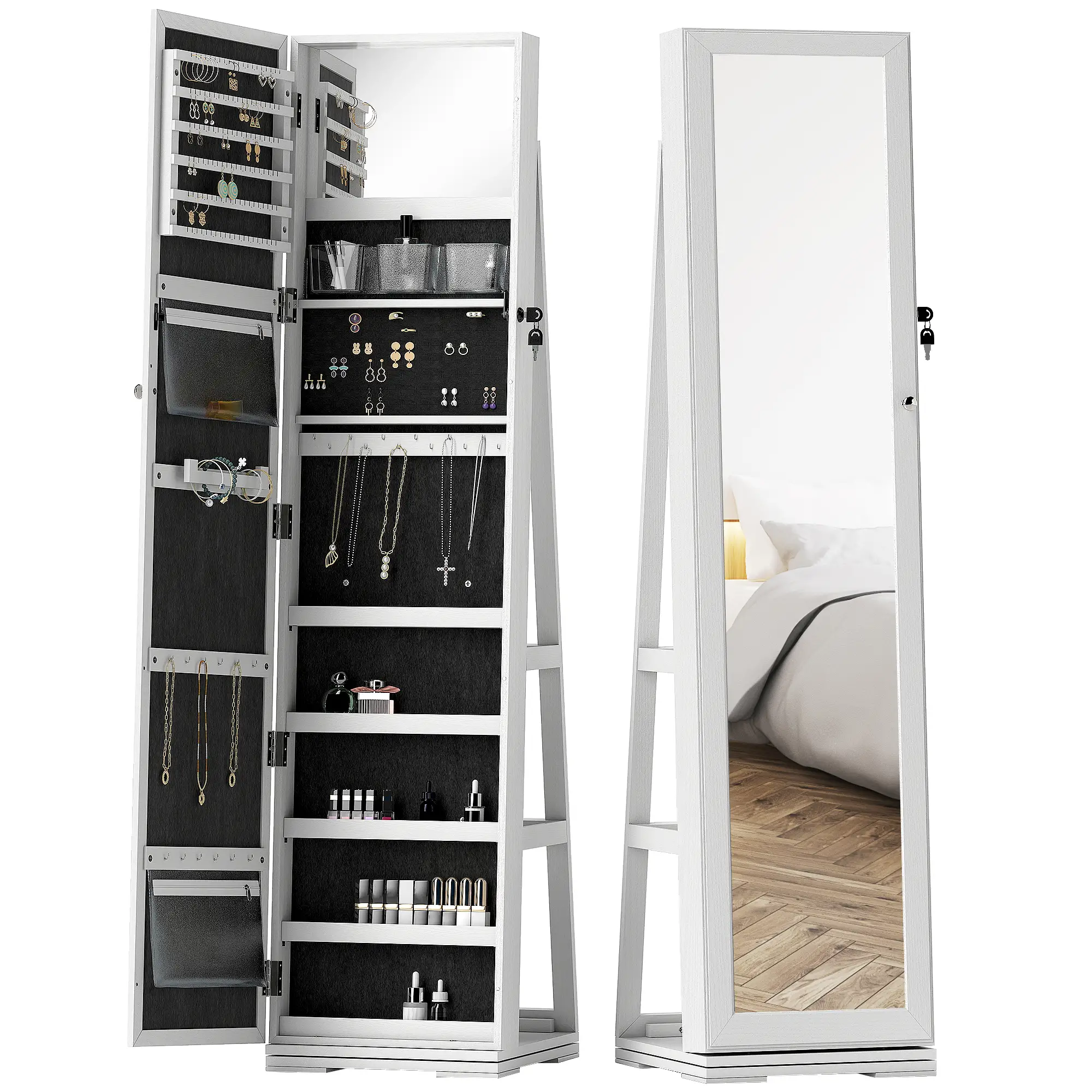 360° Swivel Jewelry Armoire, Lockable Mirror Cabinet, White - Image 11