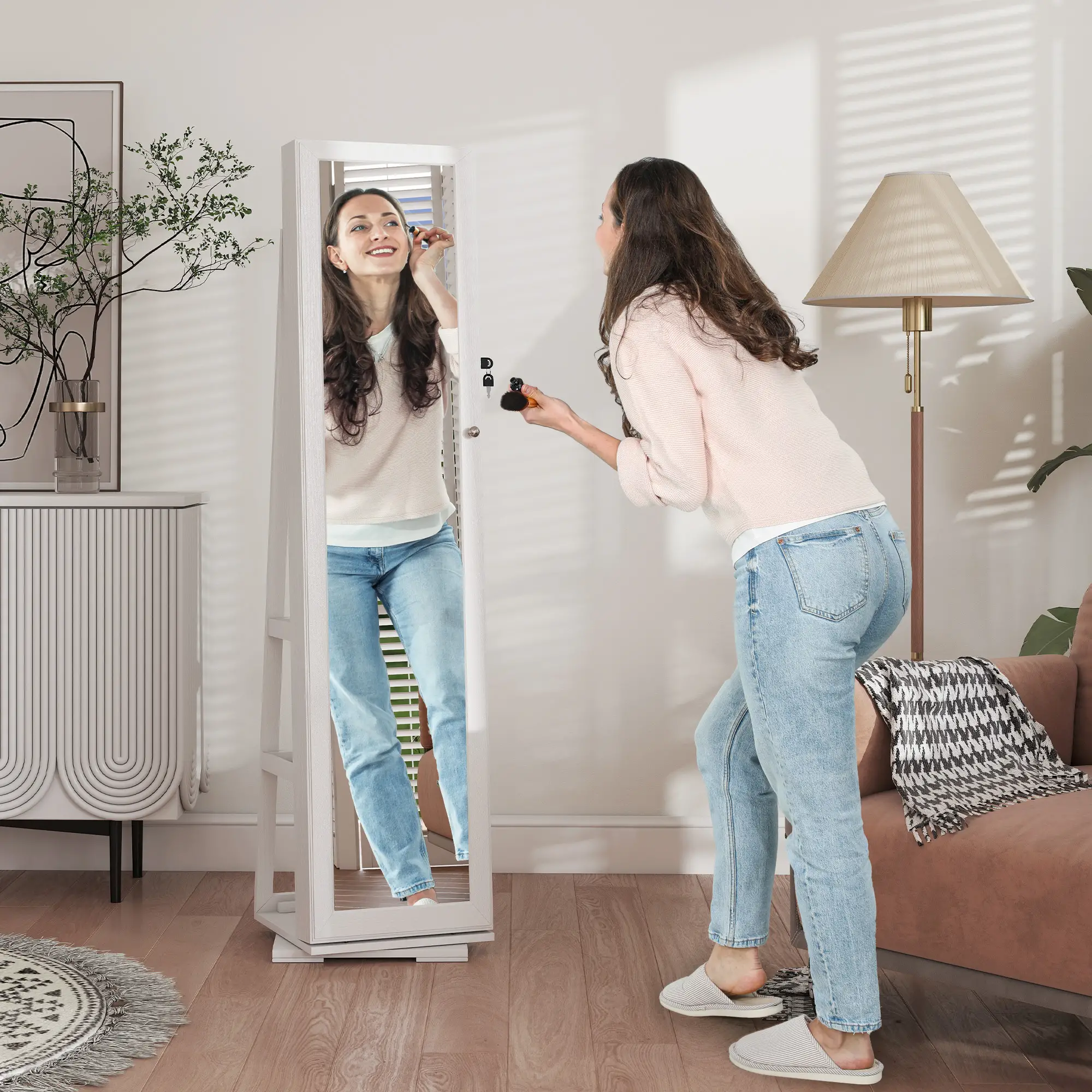 360° Swivel Jewelry Armoire, Lockable Mirror Cabinet, White - Image 2