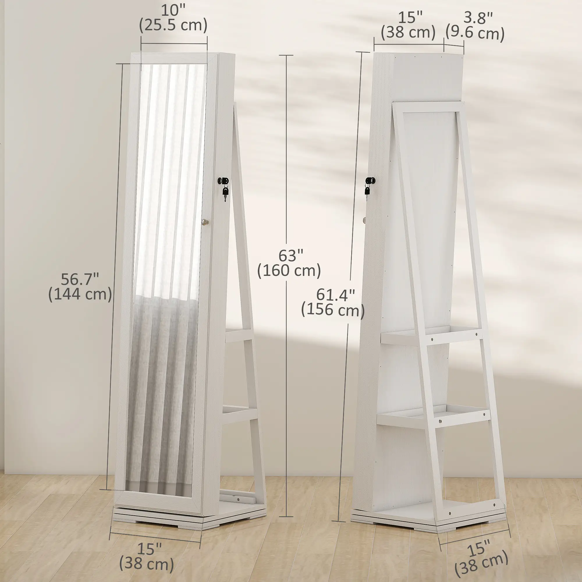 360° Swivel Jewelry Armoire, Lockable Mirror Cabinet, White - Image 3