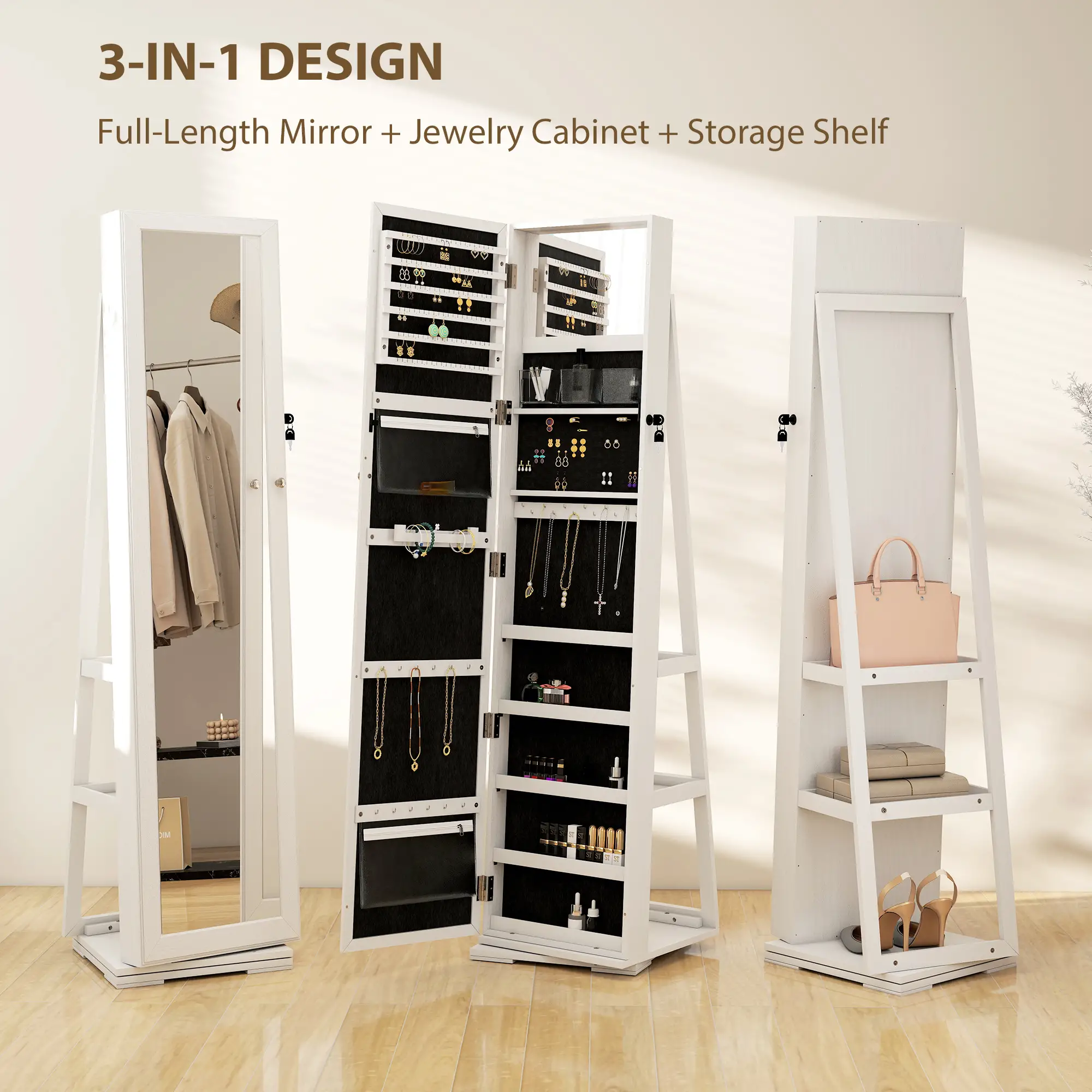 360° Swivel Jewelry Armoire, Lockable Mirror Cabinet, White - Image 4