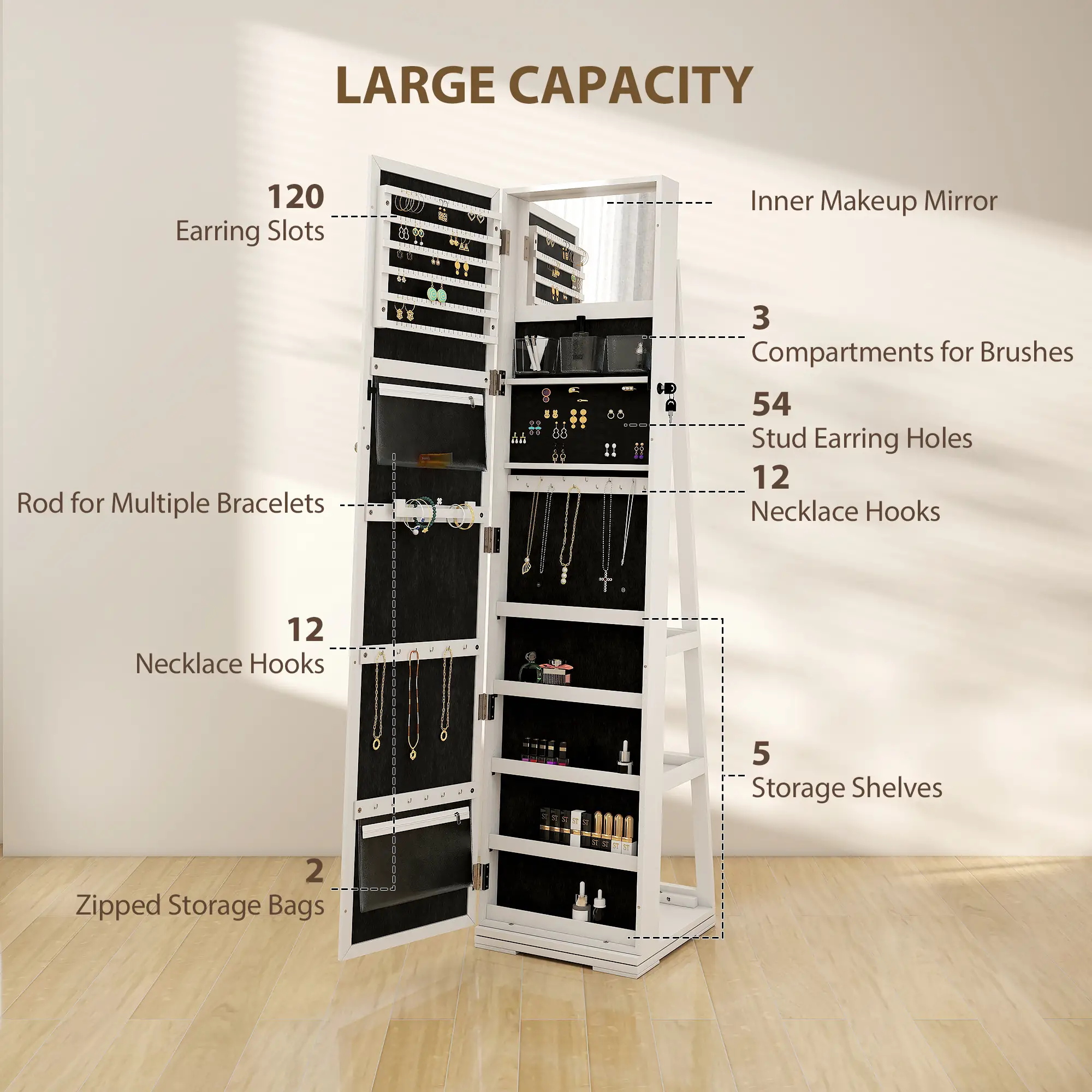 360° Swivel Jewelry Armoire, Lockable Mirror Cabinet, White - Image 5