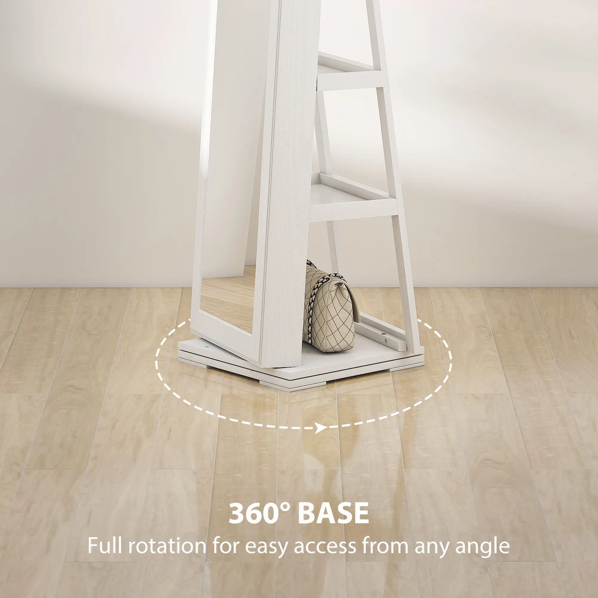 360° Swivel Jewelry Armoire, Lockable Mirror Cabinet, White - Image 6
