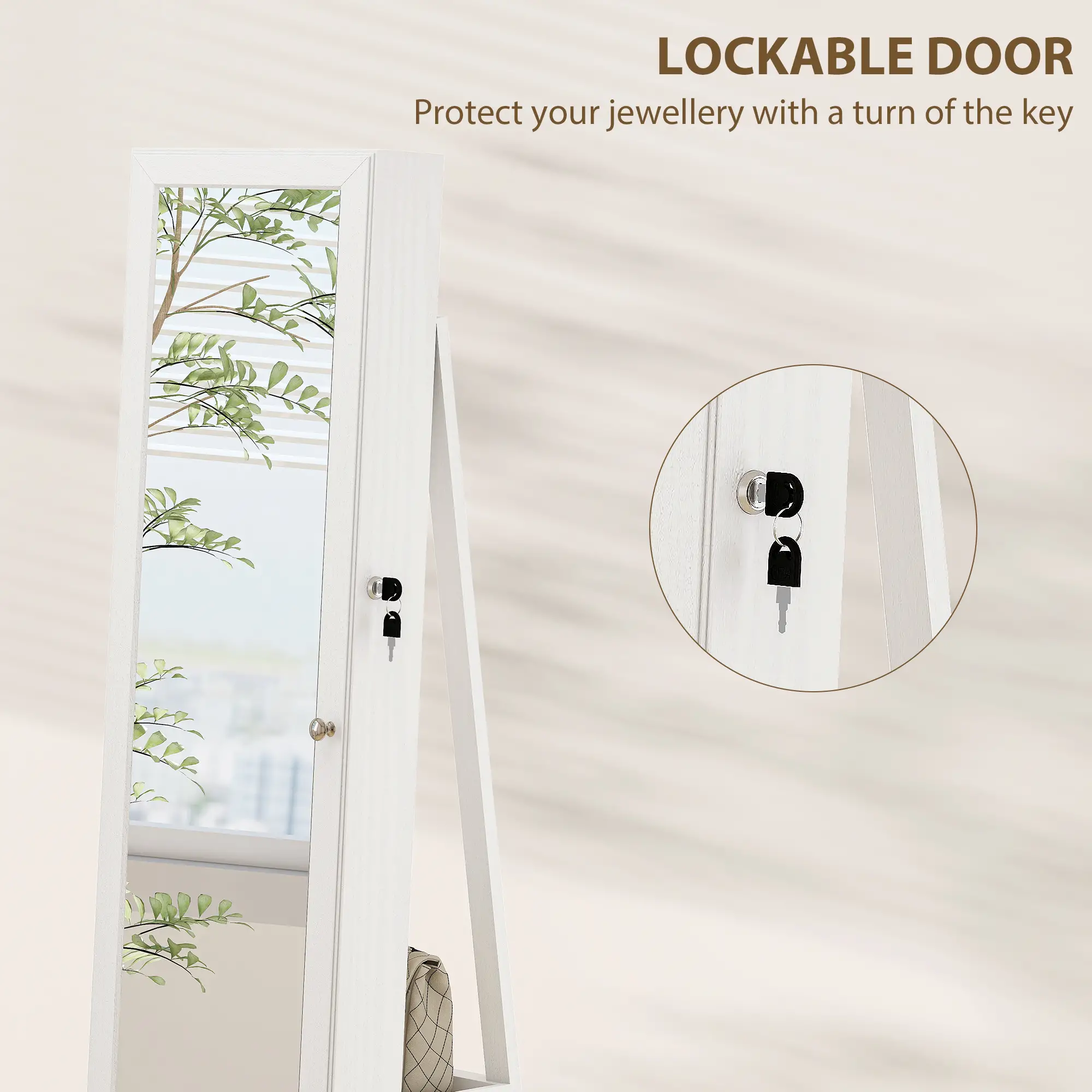 360° Swivel Jewelry Armoire, Lockable Mirror Cabinet, White - Image 7