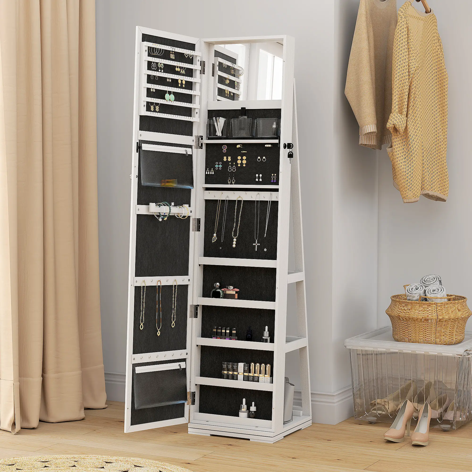 360° Swivel Jewelry Armoire, Lockable Mirror Cabinet, White - Image 8