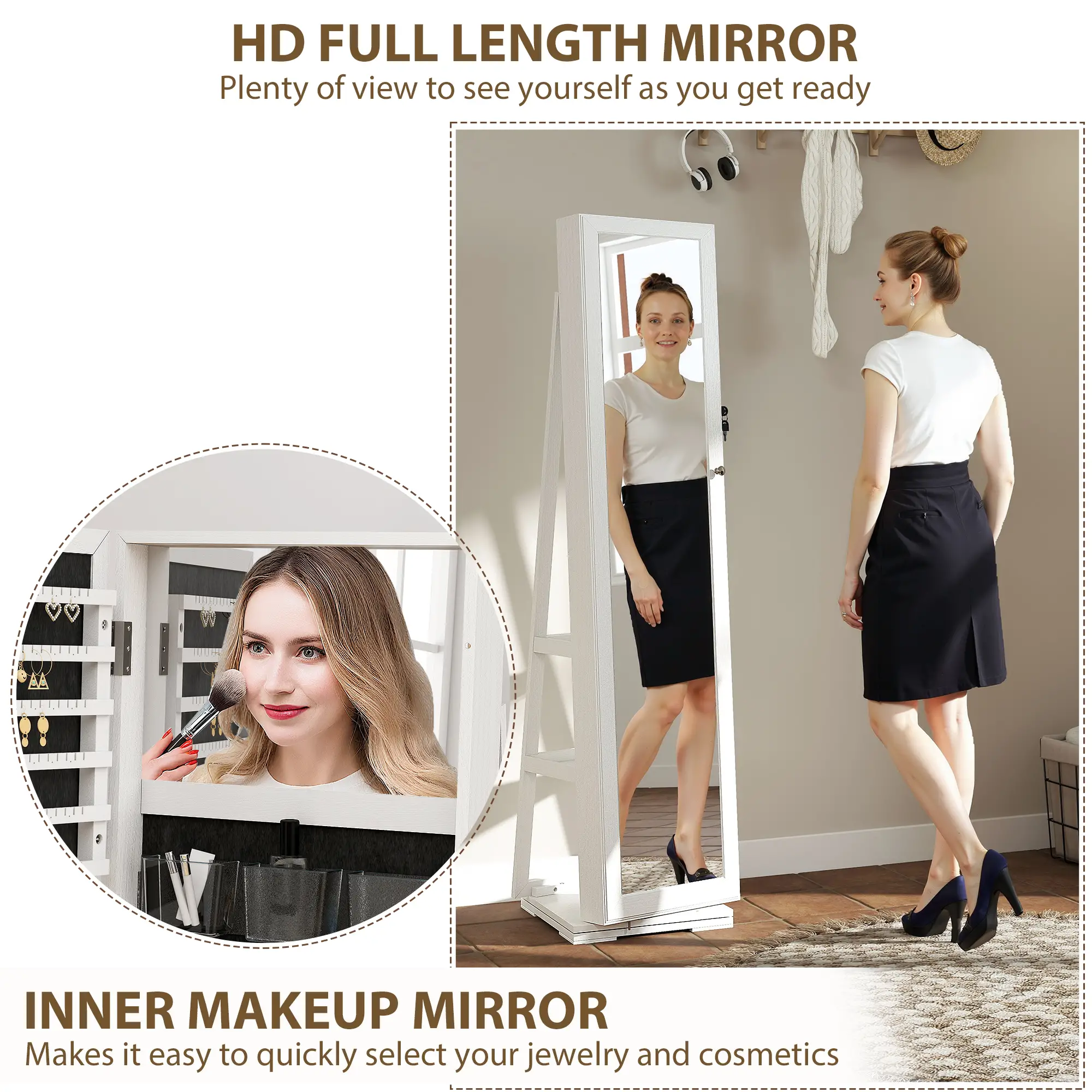 360° Swivel Jewelry Armoire, Lockable Mirror Cabinet, White - Image 9