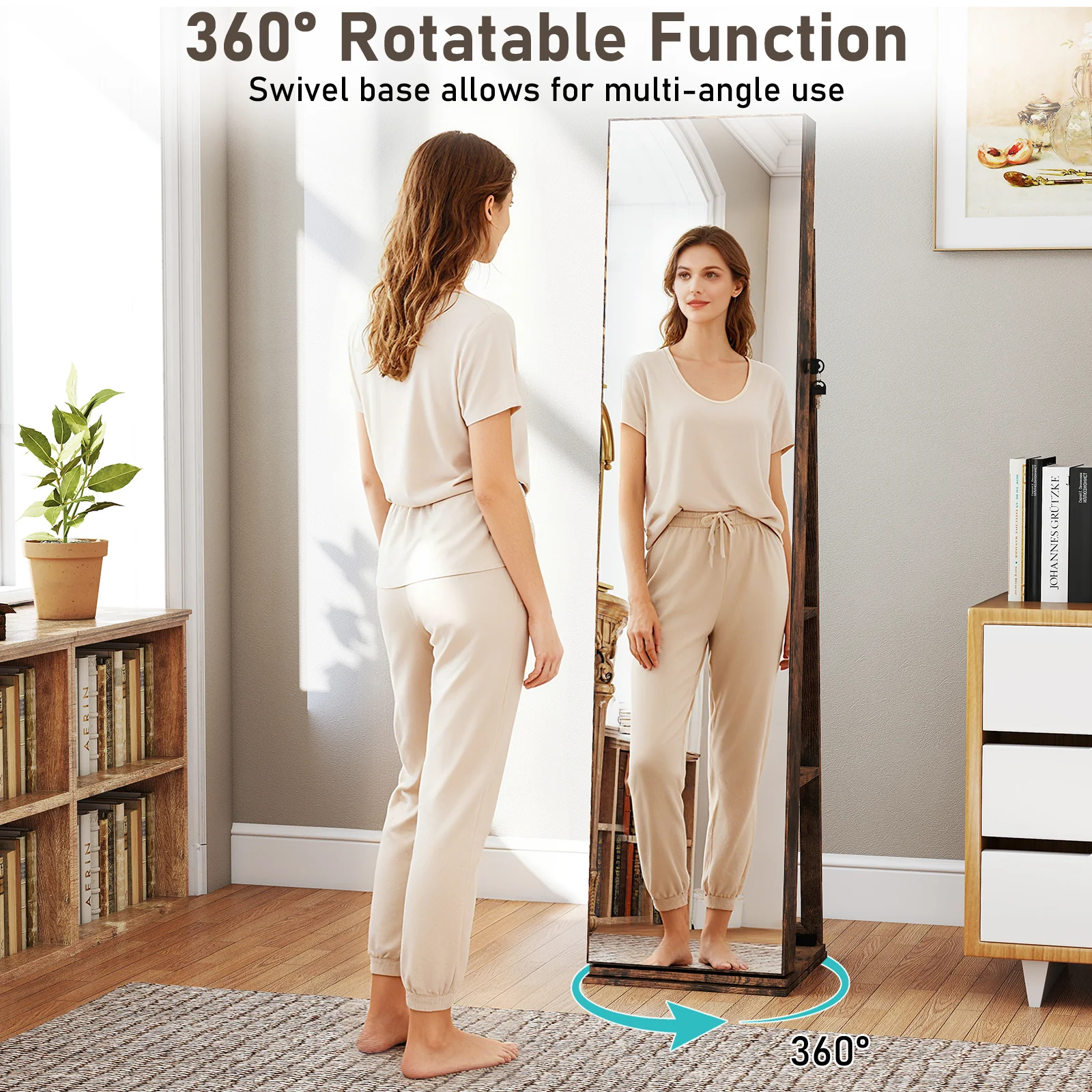 360° Swivel Jewelry Cabinet With Full Length Mirror, Rustic Brown - Image 10