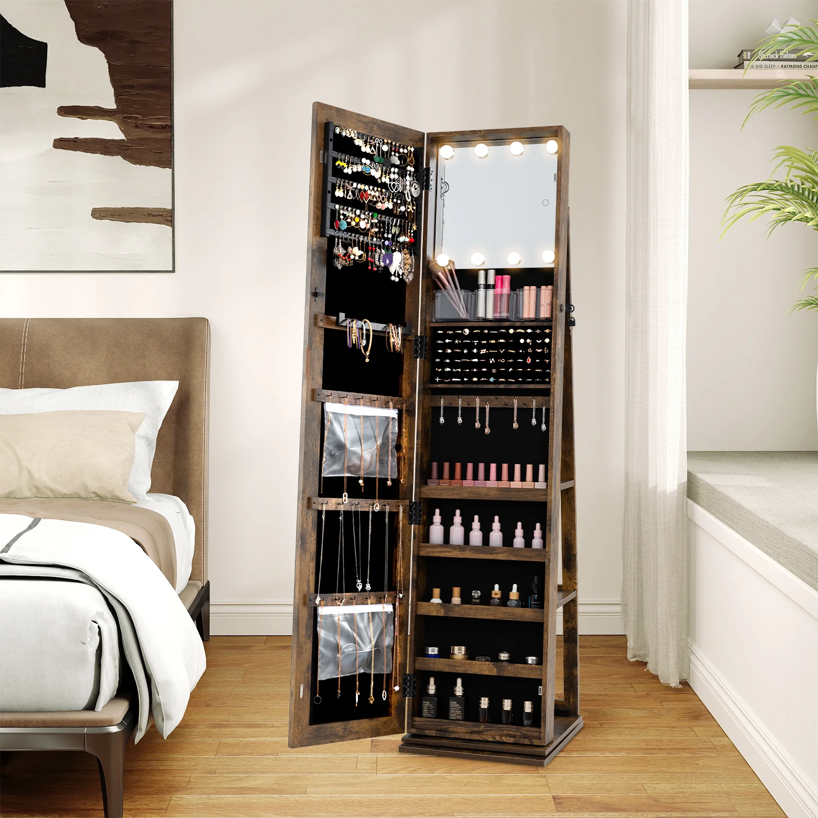 360° Swivel Jewelry Cabinet With Full Length Mirror, Rustic Brown - Image 3
