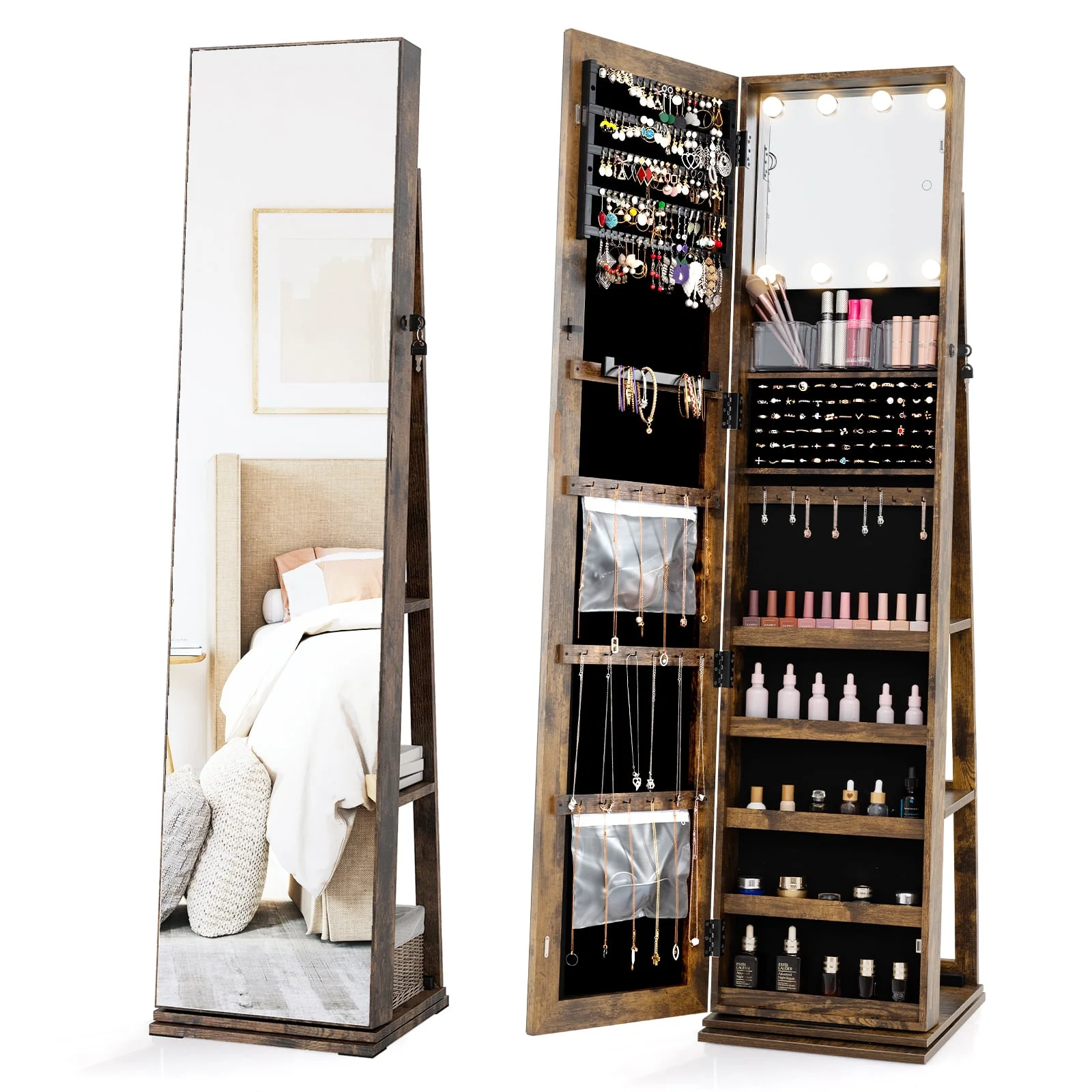 360° Swivel Jewelry Cabinet With Full Length Mirror, Rustic Brown - Image 4