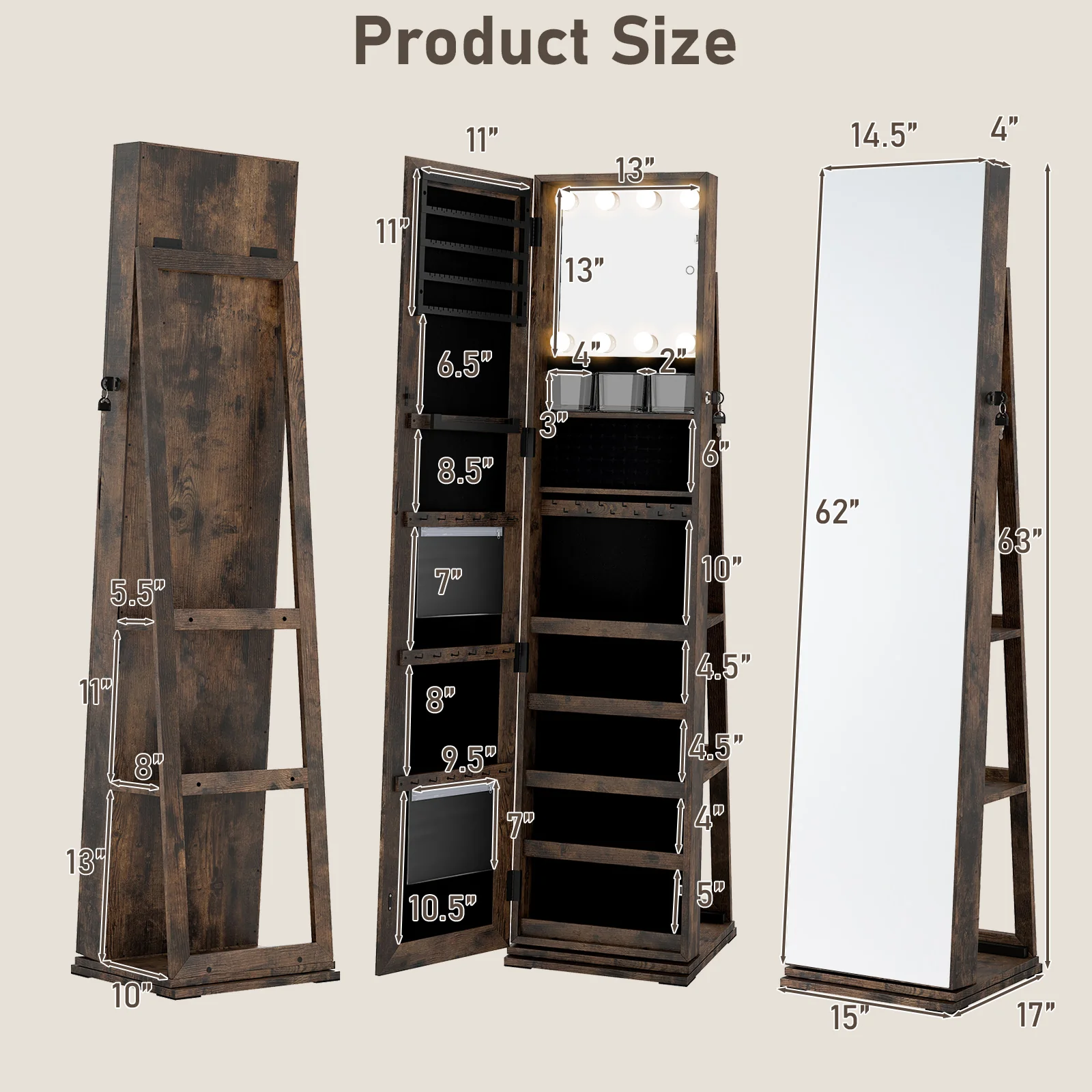 360° Swivel Jewelry Cabinet With Full Length Mirror, Rustic Brown - Image 5