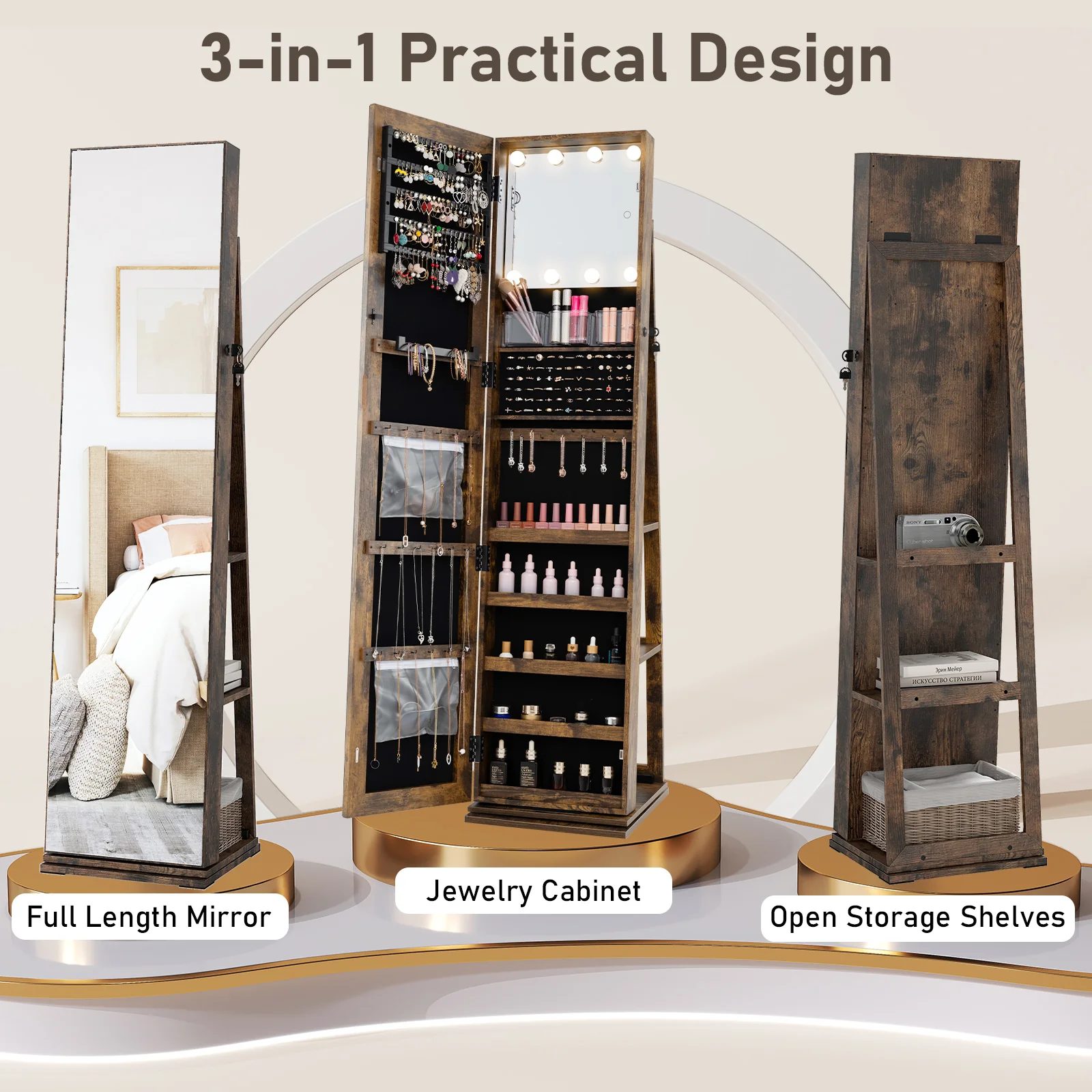 360° Swivel Jewelry Cabinet With Full Length Mirror, Rustic Brown - Image 7