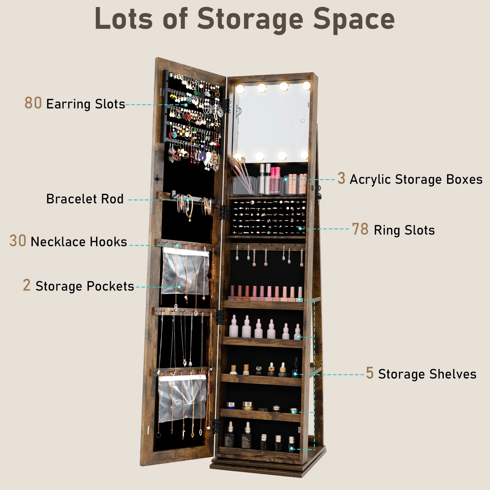 360° Swivel Jewelry Cabinet With Full Length Mirror, Rustic Brown - Image 8