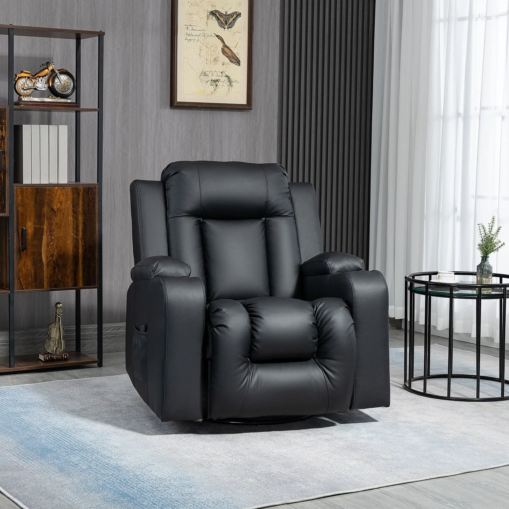 360° Swivel Massage Recliner Chair, 8 Vibration, PU Leather, Black - Image 2
