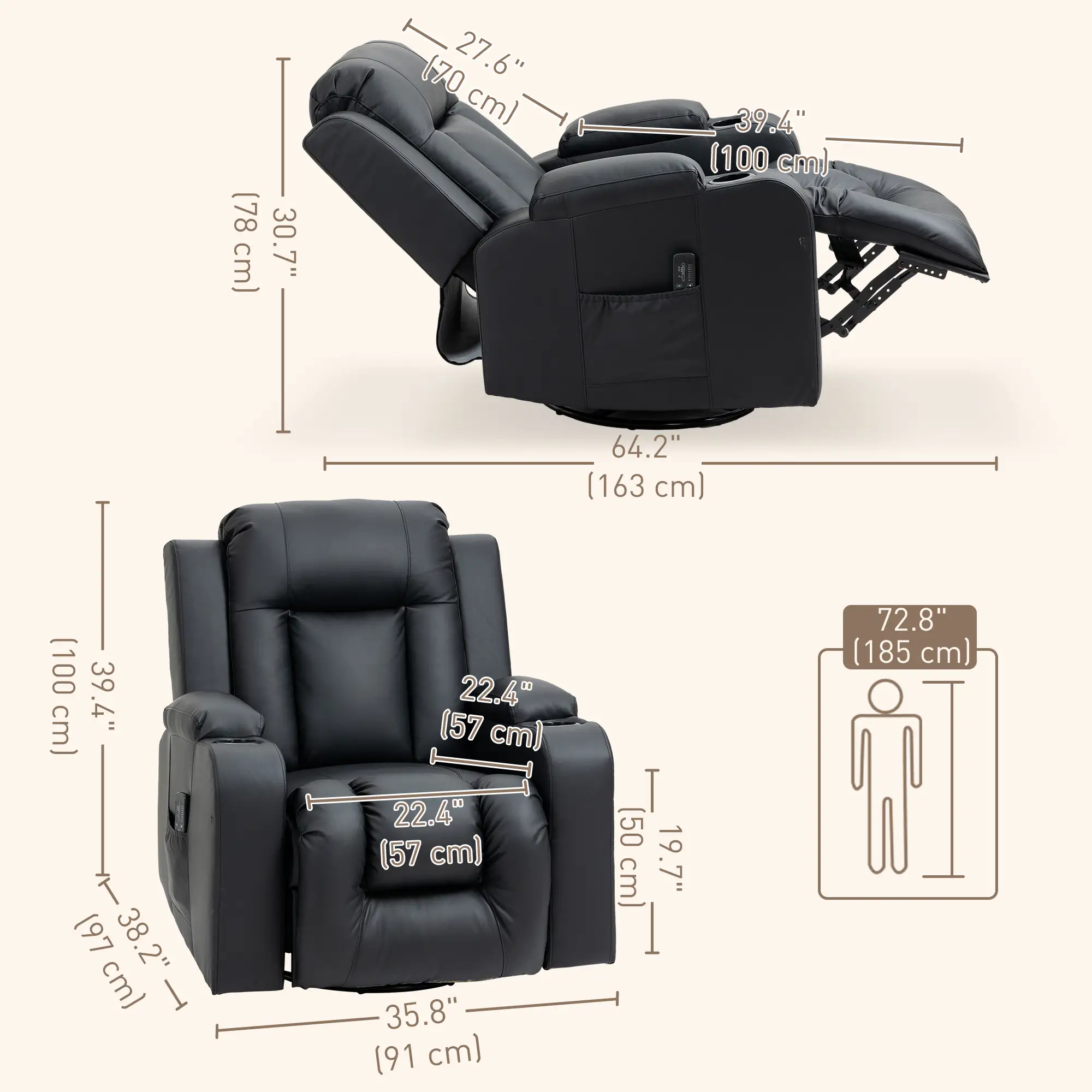 360° Swivel Massage Recliner Chair, 8 Vibration, PU Leather, Black - Image 3