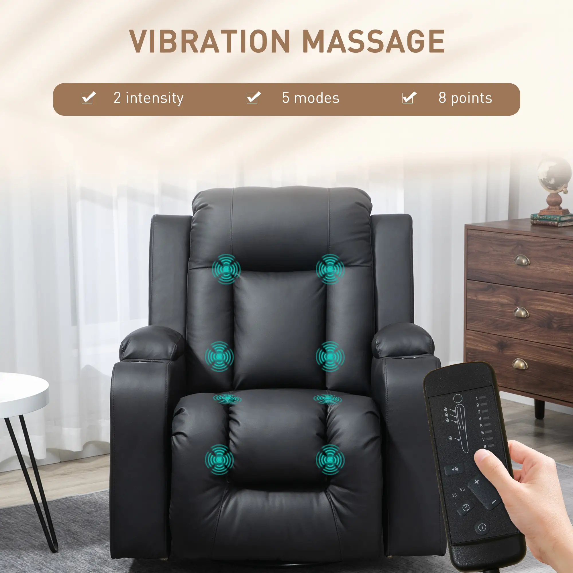 360° Swivel Massage Recliner Chair, 8 Vibration, PU Leather, Black - Image 4
