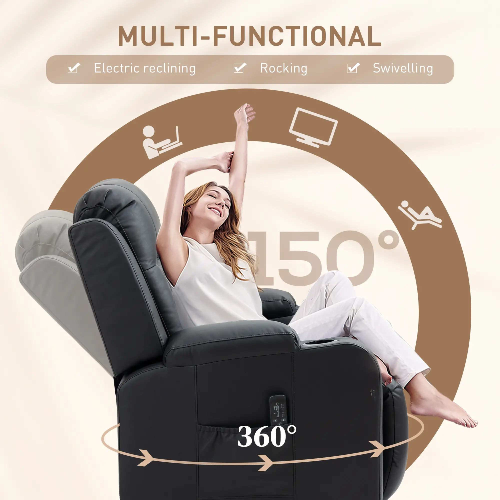 360° Swivel Massage Recliner Chair, 8 Vibration, PU Leather, Black - Image 5