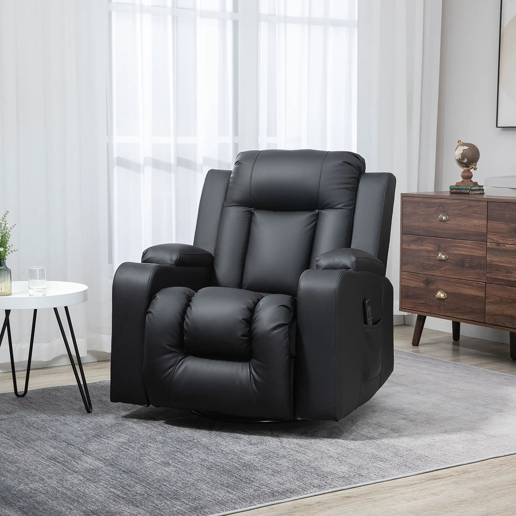 360° Swivel Massage Recliner Chair, 8 Vibration, PU Leather, Black - Image 8