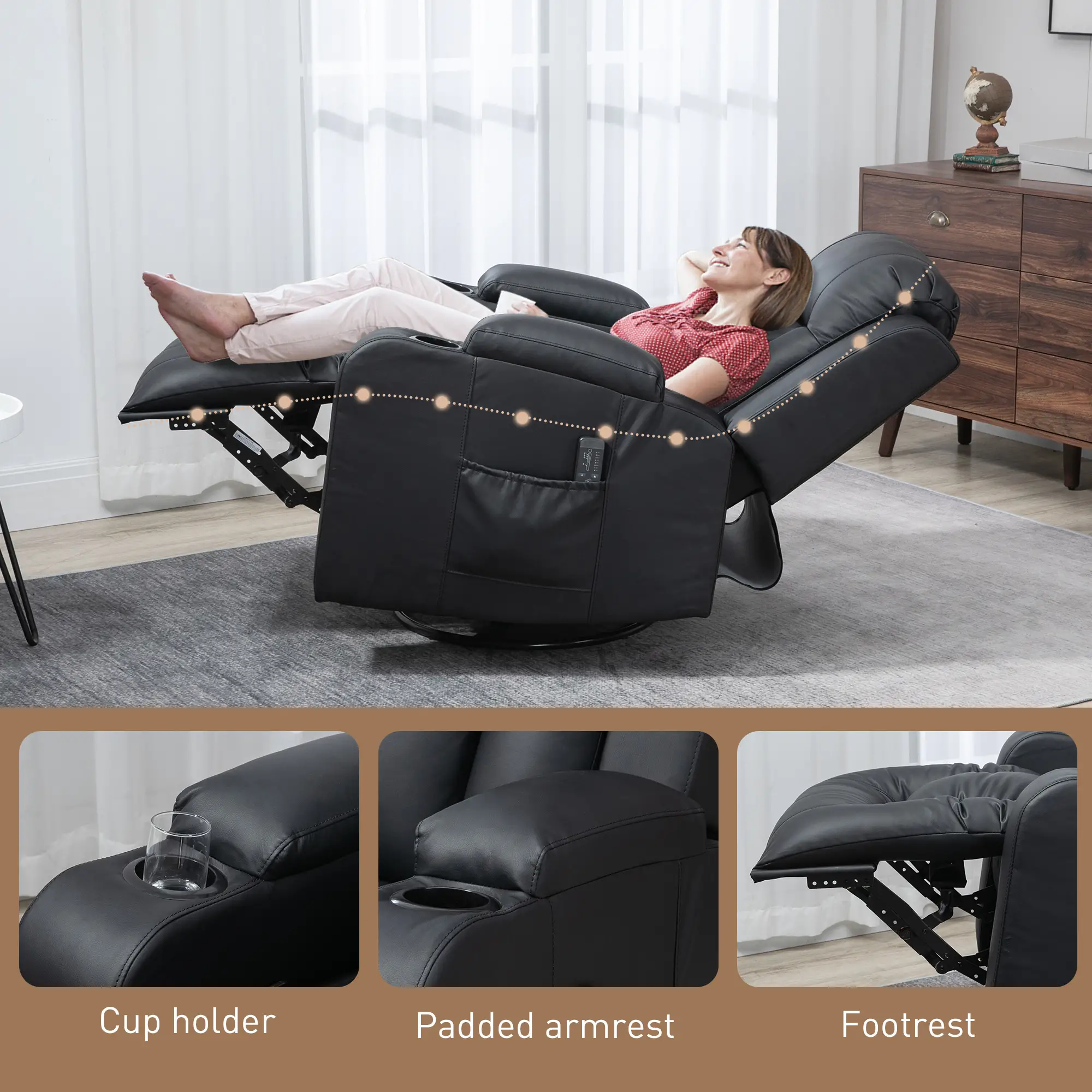 360° Swivel Massage Recliner Chair, 8 Vibration, PU Leather, Black - Image 9