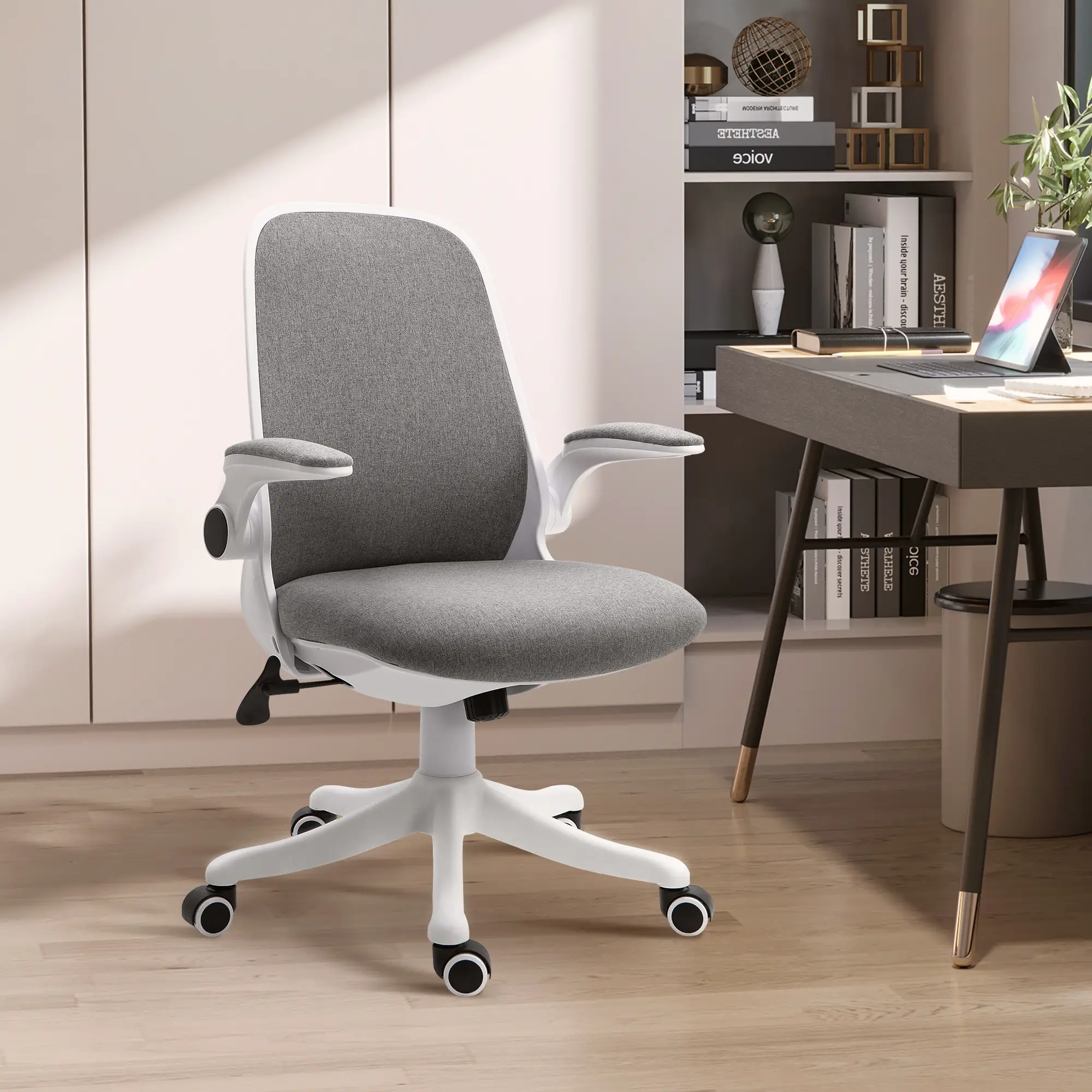 360° Swivel Office Chair, Adjustable Height, Flip-Up Arms, Grey - Image 2