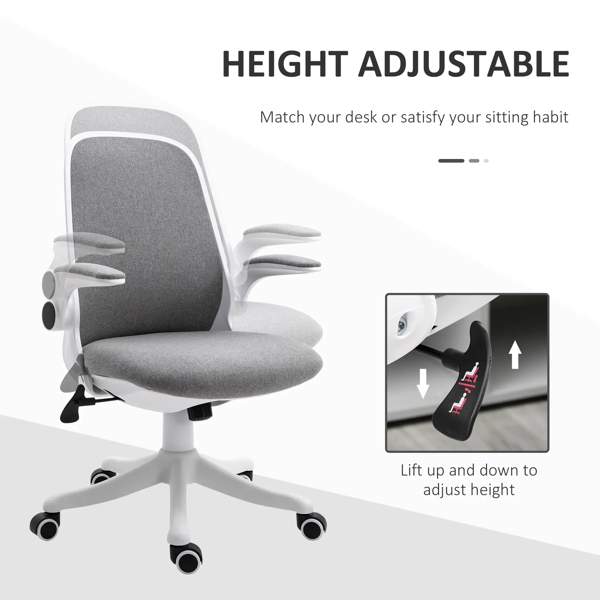 360° Swivel Office Chair, Adjustable Height, Flip-Up Arms, Grey - Image 4