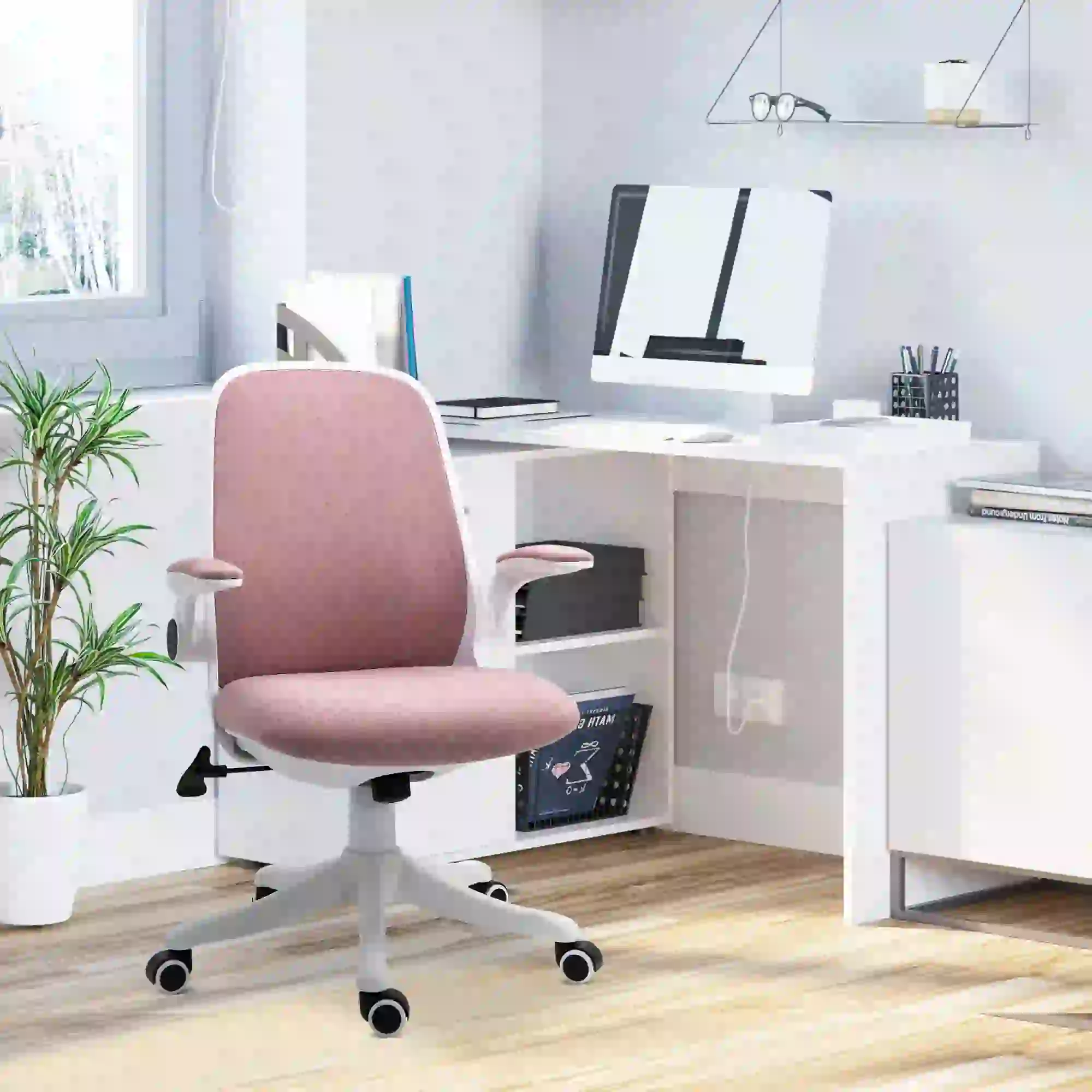 360° Swivel Office Chair, Breathable Fabric, Flip-Up Arms, Adjustable Height, Pink - Image 8