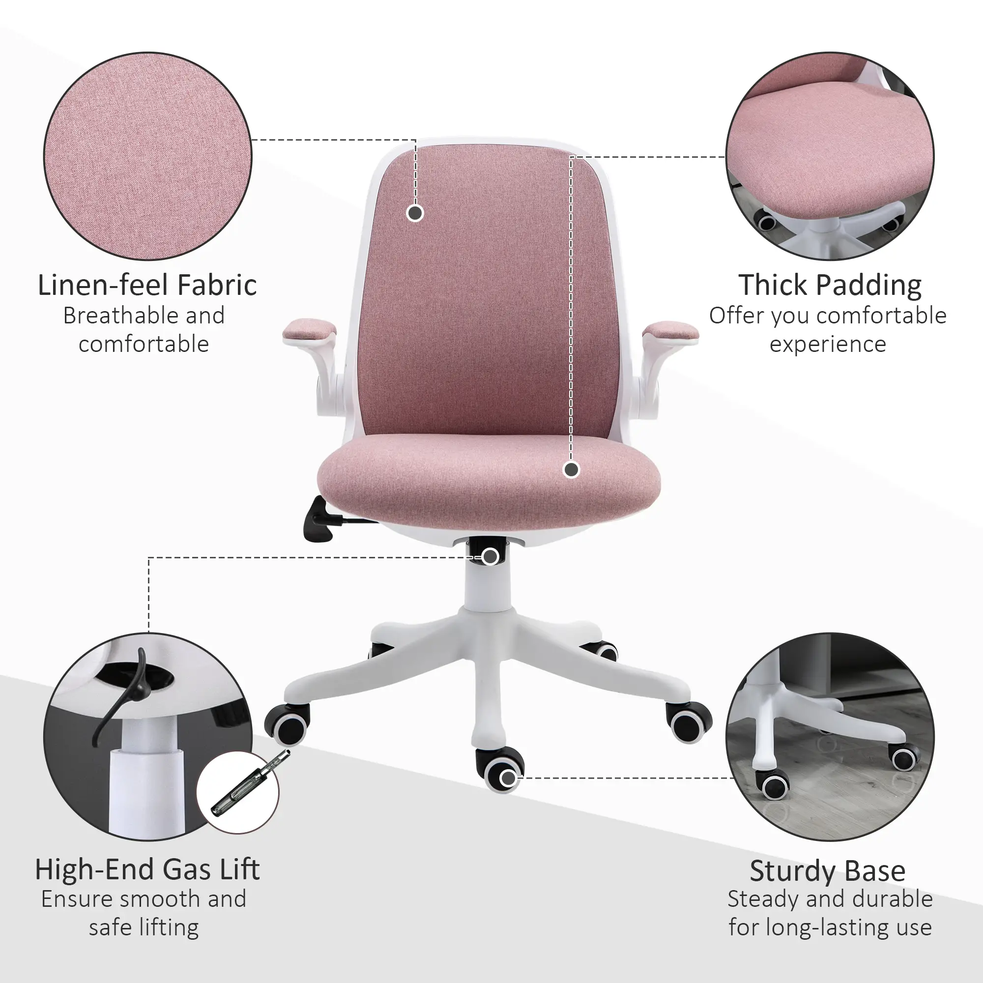 360° Swivel Office Chair, Breathable Fabric, Flip-Up Arms, Adjustable Height, Pink - Image 9
