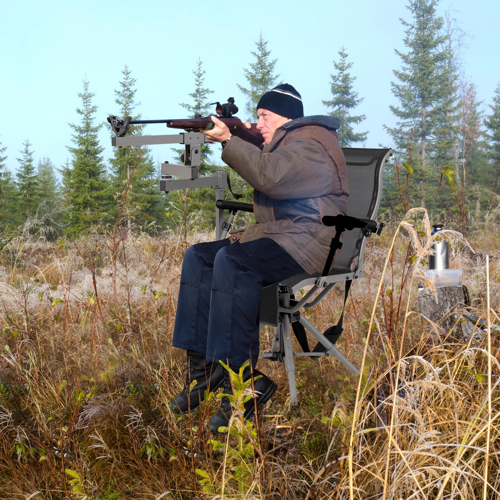 360° Swivel Portable Hunting Chair with Adjustable Legs and Armrests, Black - Image 2